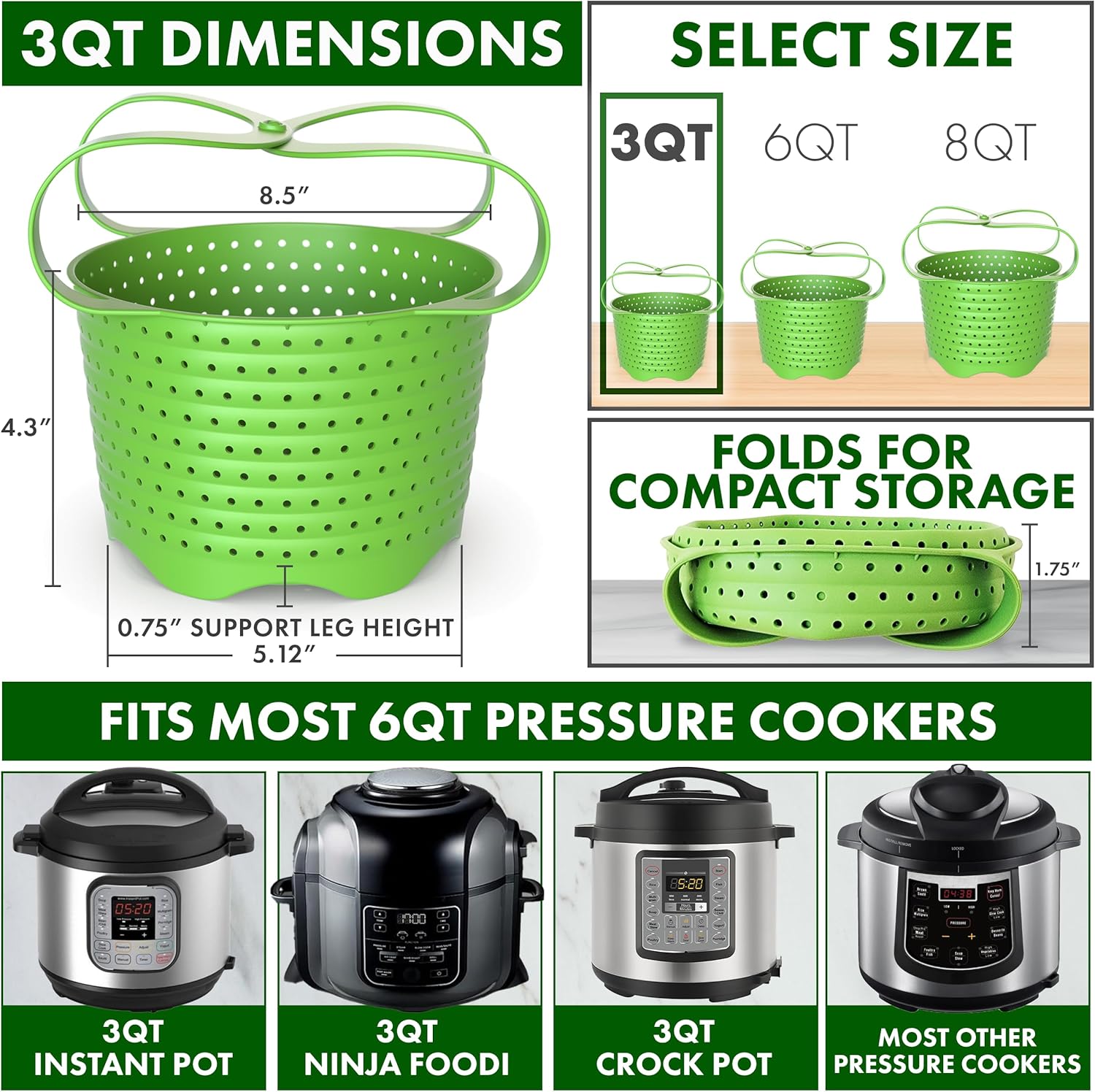 Avokado Silicone Steamer Basket for 3qt Instant Pot [6qt, 8qt avail], Other Pressure Cookers - 100% Food Safe, BPA-Free