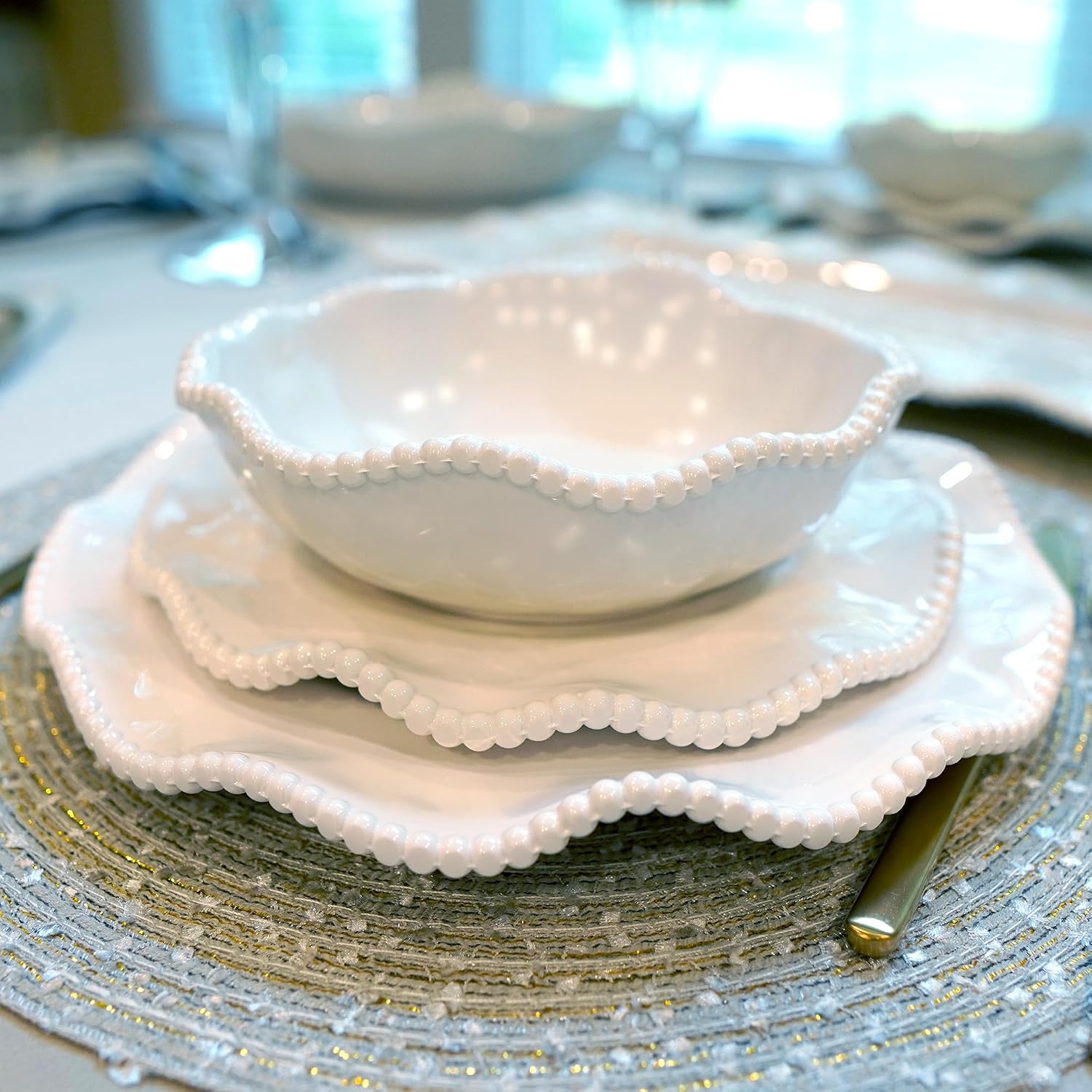 Perlette Off-White Beaded 12-Piece Dinnerware Set – Includes 4 Dinner Plates, 4 Salad Plates, 4 Bowls (7.5" x 2"