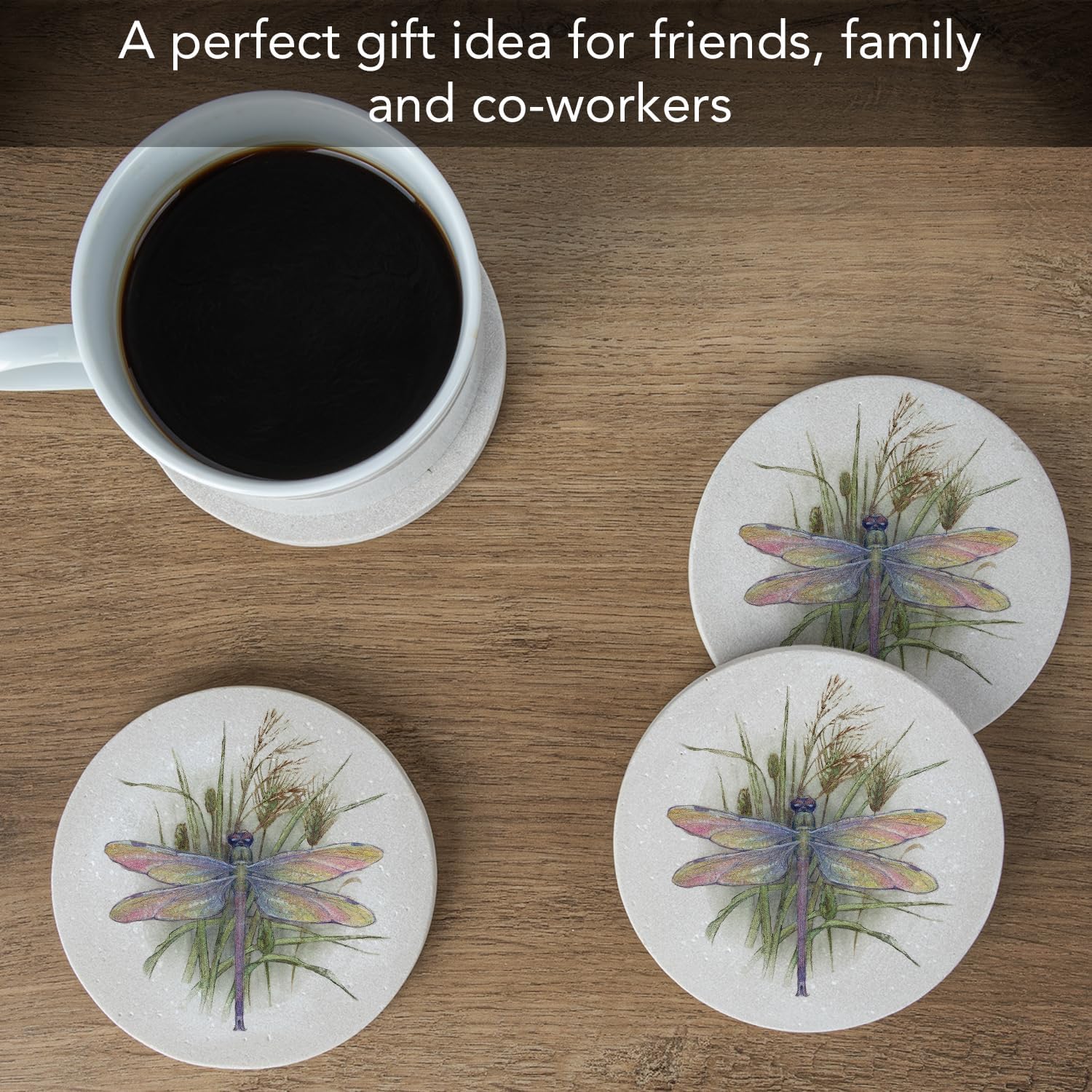 Thirstystone Dragonfly 4 Pack Round Natural Sandstone Coasters | Protective Cork Backing, Manufactured in the USA