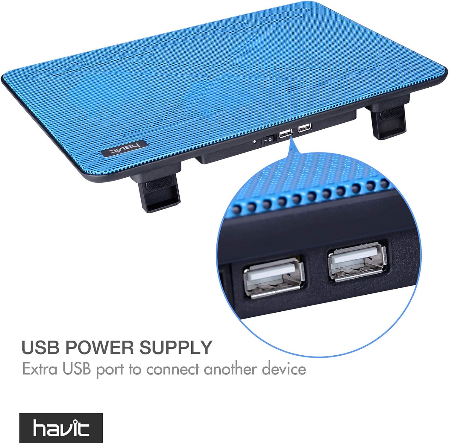 havit HV-F2056 15.6"-17" Laptop Cooler Cooling Pad - Slim Portable USB Powered (3 Fans), Black/Blue | Three quiet USB-powered fans circulate air below the laptop, two height settings improve viewing and typing comfort