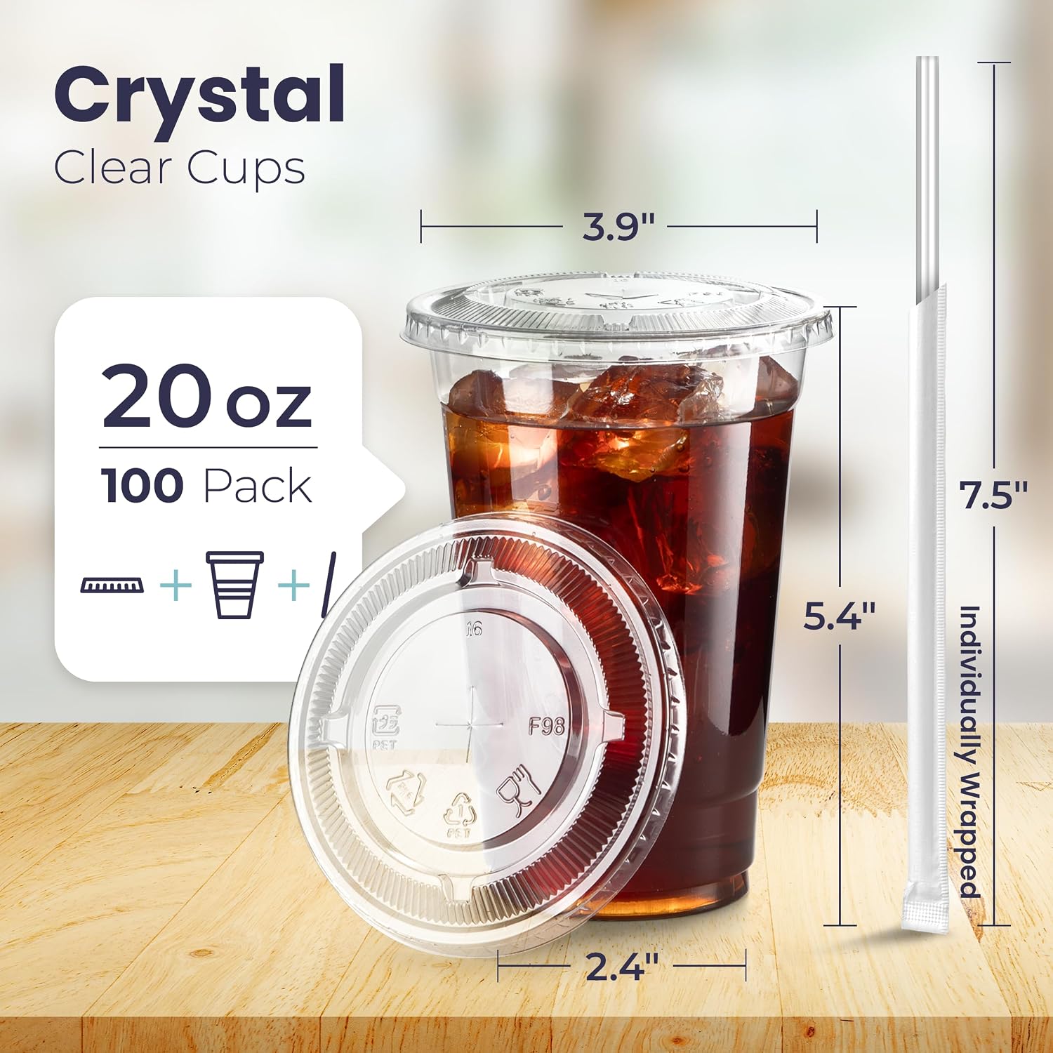 Fit Meal Prep 100 Pack 16 oz Clear Plastic Cups with Flat Lids, Disposable Iced Coffee Cups, BPA Free Premium Crystal Smoothie Cup for Party, Lemonade Stand, Cold Drinks, Juice, Milkshake