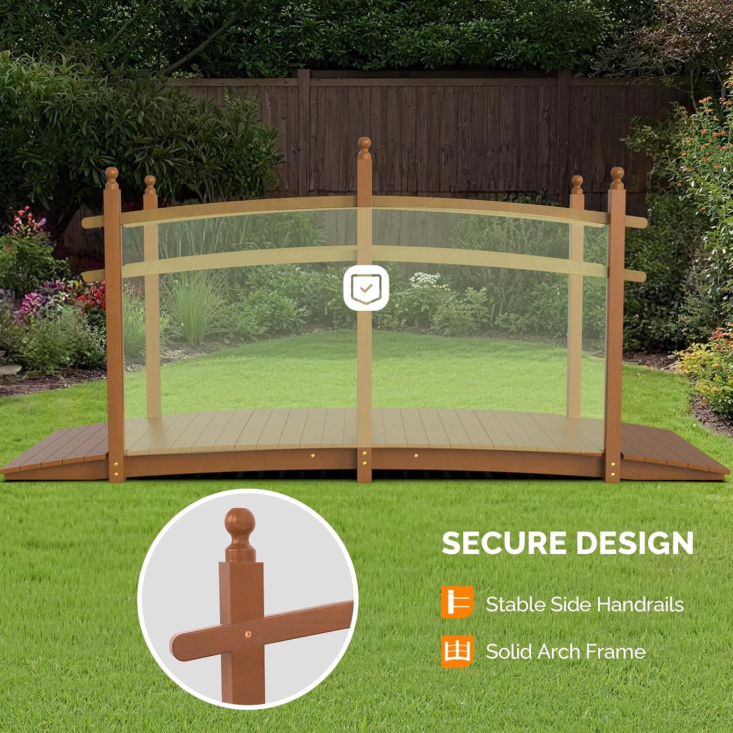 VINGLI 5 ft Garden Bridge, Classic Wooden Arch with Safety Rails Stained Finished Footbridge, Decorative Pond Landscaping, Backyard, Creek or Farm