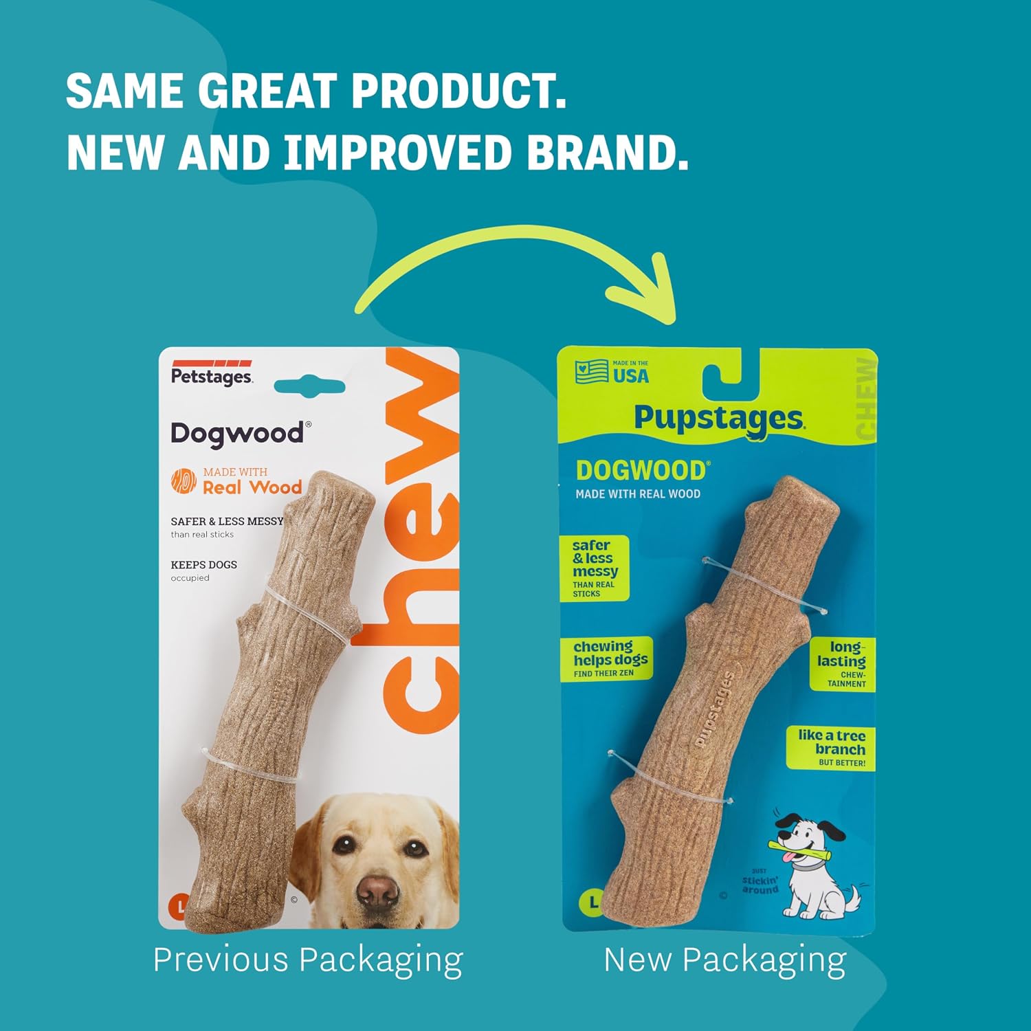 Pupstages Dogwood Dog Chew Toy, Made in the USA – Real-Wood Blend, Natural Flavor & Texture, Moderate Chewers, Small, 5.4"