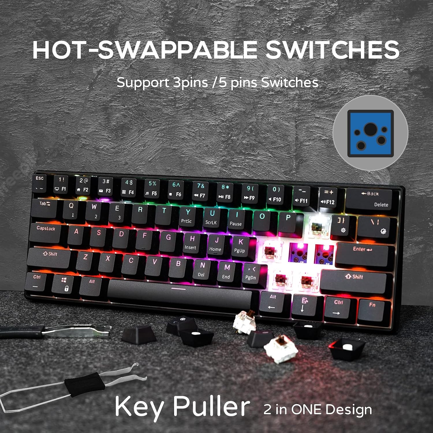 RK ROYAL KLUDGE RK61 Wireless Mechanical Keyboard, 60% Percent RGB, White | Hot Swappable Gaming Keyboard with Bluetooth/2.4G/USB, 61 Keys Ultra-Compact for Win/Mac/PC, Coiled Cable, Linear Red Switch