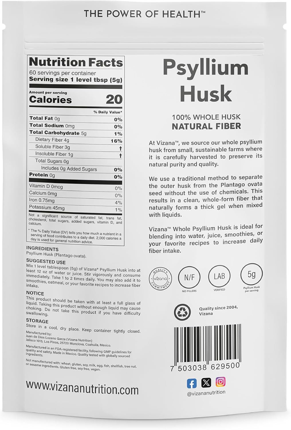 VIZANA Psyllium Husk – 100% Whole Husk Natural Fiber – Pure Plantago Ovata – No Additives, Gluten-Free