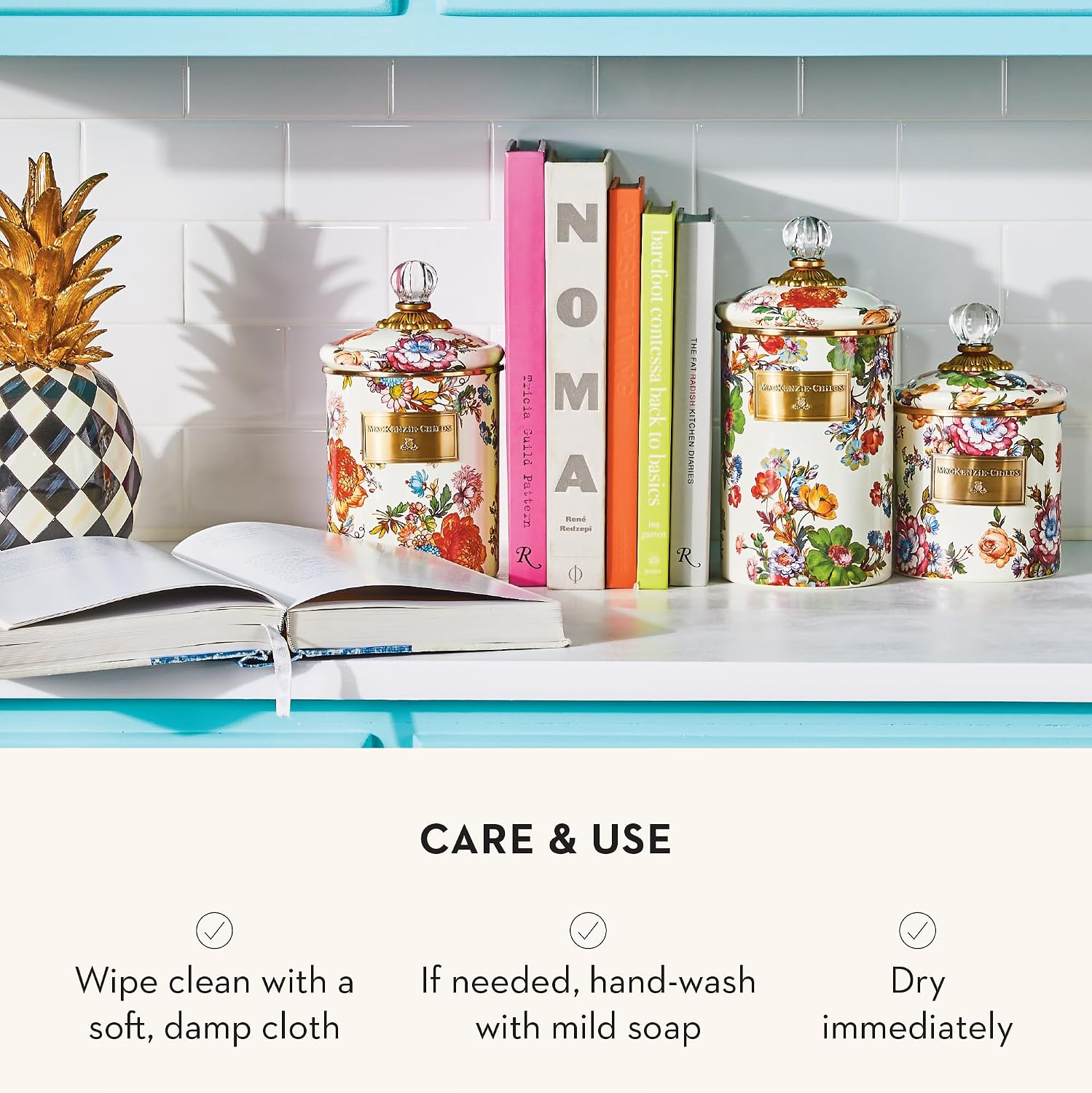 MACKENZIE-CHILDS Enamel Canister, Large, White Butterfly Garden | Hand-applied design, made from enameled steel, versatile kitchen storage container for flour and sugar, 64-ounce capacity