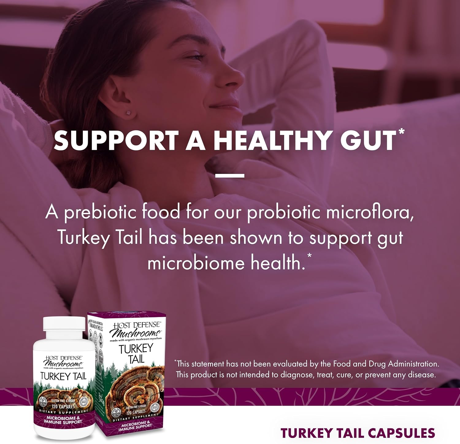 Host Defense Turkey Tail Capsules - Digestive Health & Immune Response Support Supplement - Mushroom Supplement for Gastrointestinal & Gut Microbiome Support - 120 Capsules