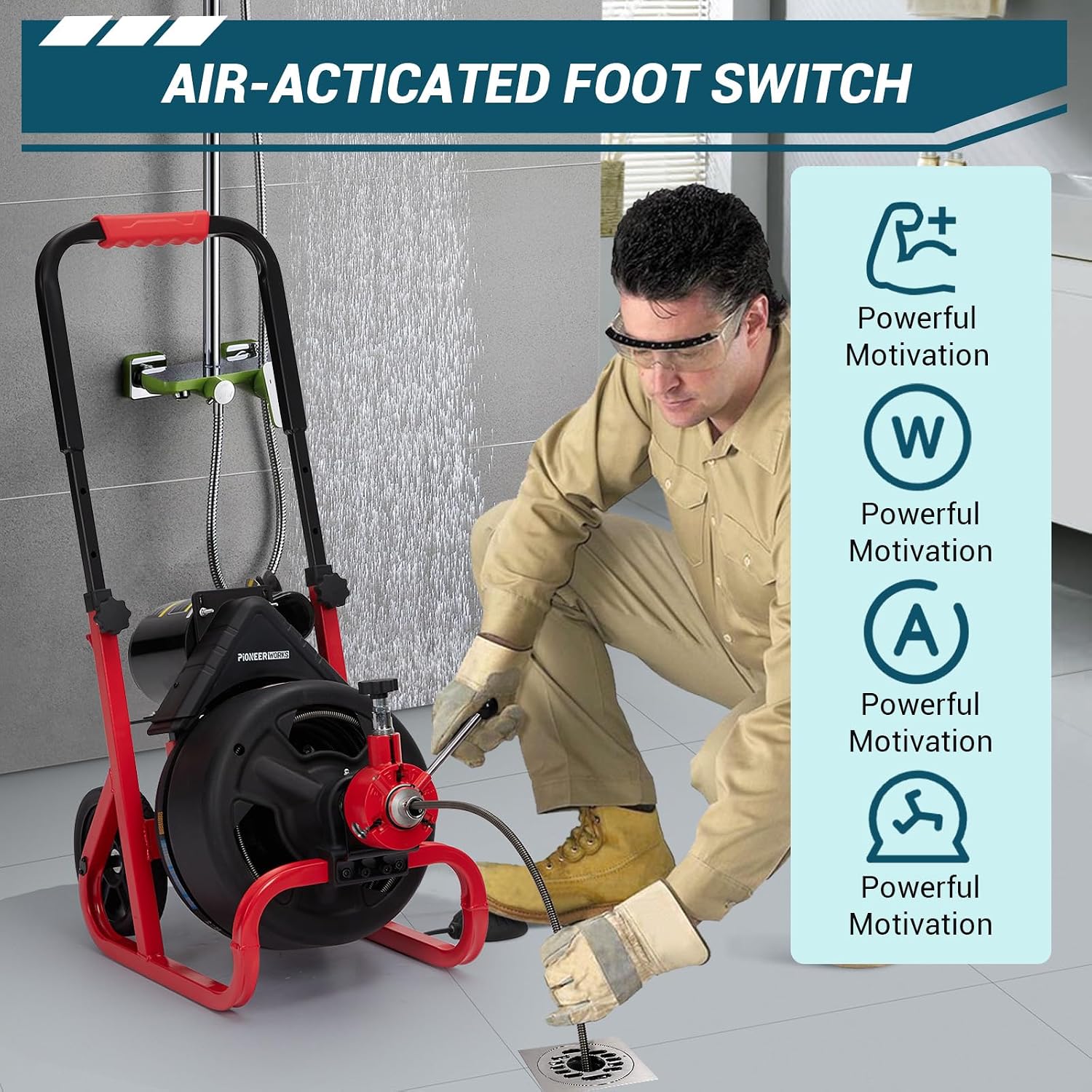 100Ft x 3/8 Inch Drain Cleaner Machine, 370w Electric Drain Auger Machine with Auto-Feed & 6 Cutters, Sewer Snake Auger with Wheels