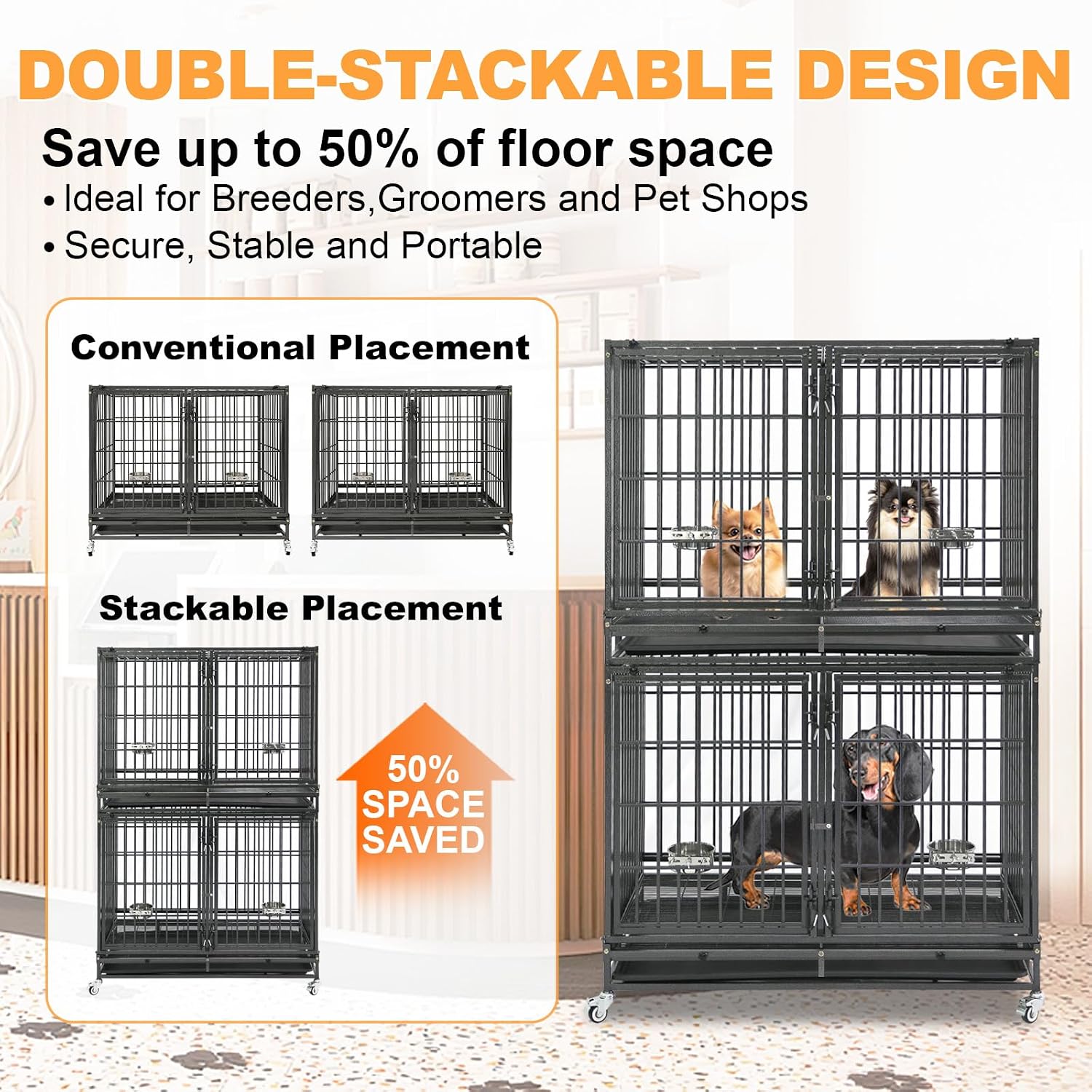 Homey Pet Taller 43" Heavy Duty Double Dog Crates with Divider & Dual Door | Drop Cage for Dogs with Lockable Wheels, Bowls, Removable Tray, Top Access, Ideal for Small to Medium & Large Dogs, Breeders