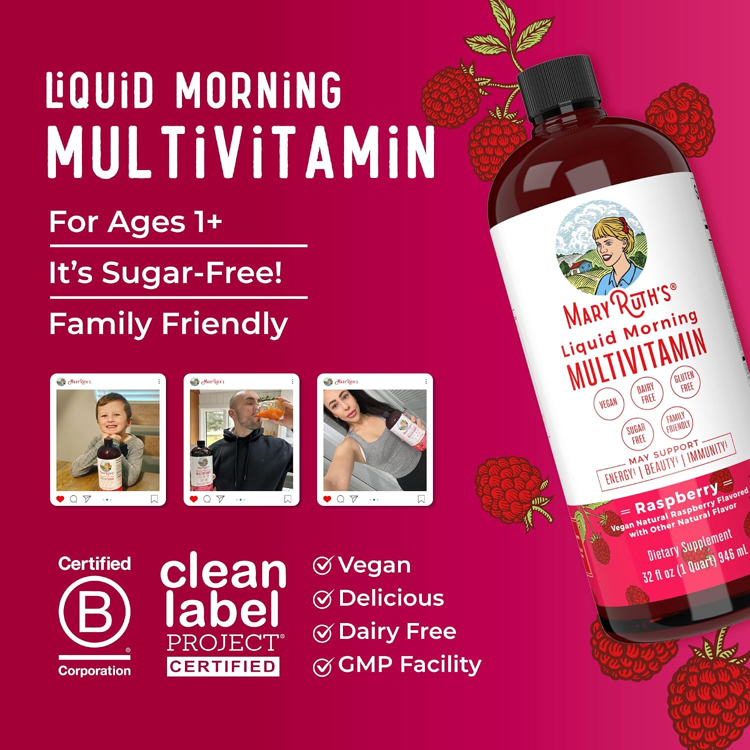 MARYRUTH'S Liquid Morning Multivitamin for Women, Men & Kids, 32 Servings | Vitamin A C D E B6 B12 Biotin Zinc, Beauty, Vegan, Non-GMO, Gluten Free