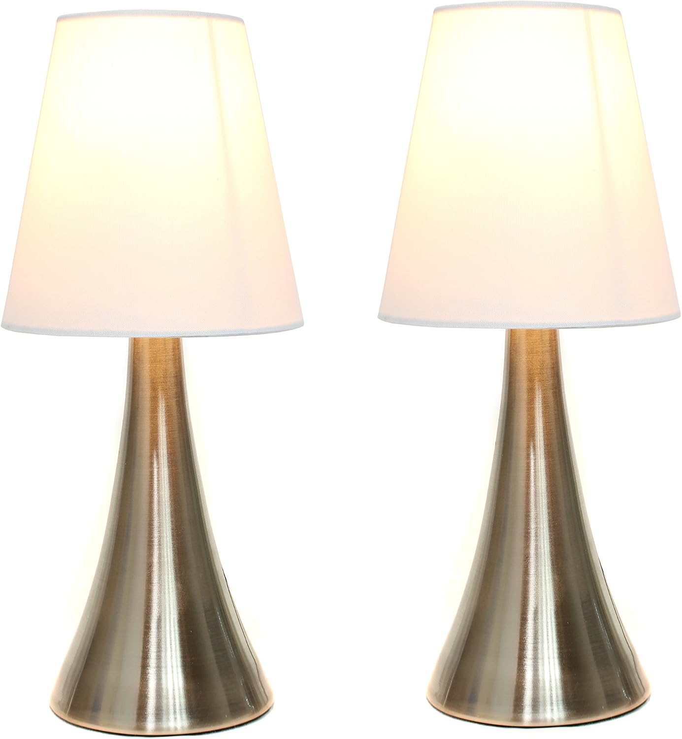 Simple Designs LT2014-WHT-2PK Valencia Brushed Nickel Mini Touch Table Lamps with Fabric Shades, White (Pack of 2)