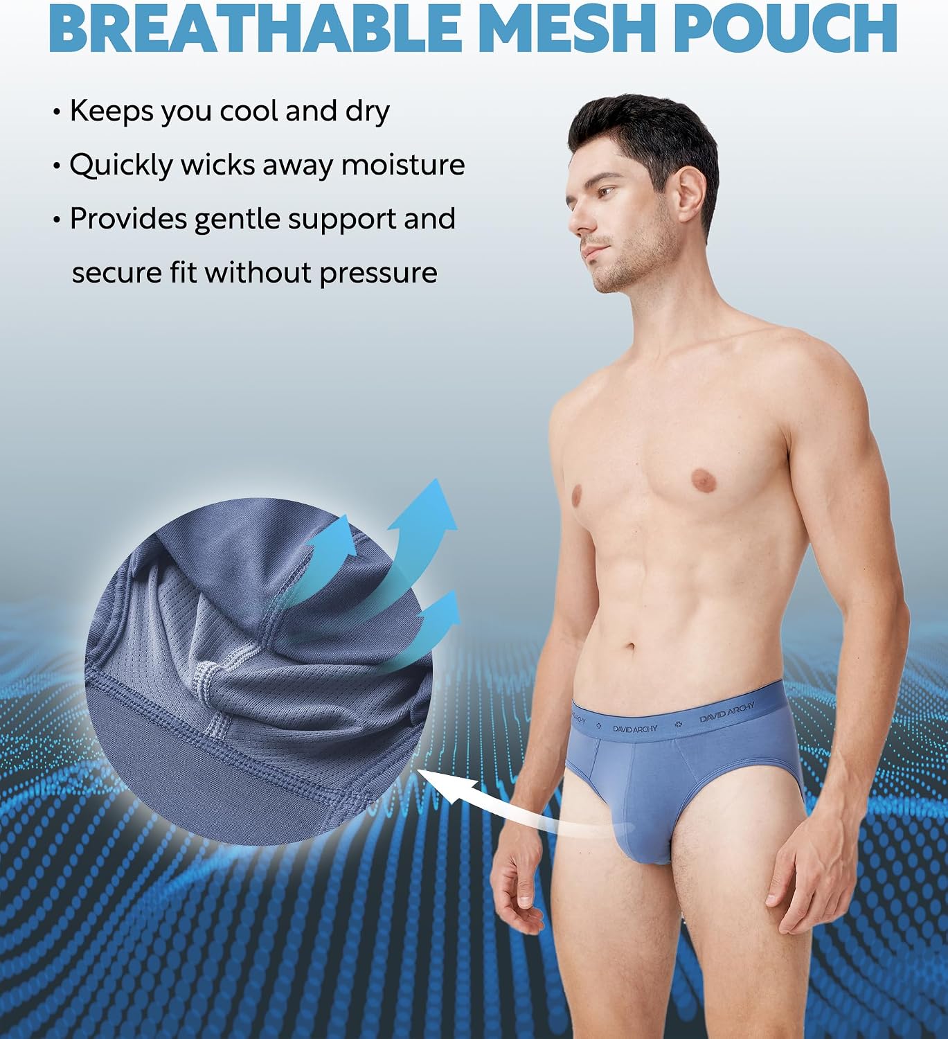 DAVID ARCHY Men's Soft Modal Dual Pouch Support Briefs 4 or 7 Pack | Breathable moisture-wicking fabric offers flexible elastic waistbands, chafe-free design for daily active movement.