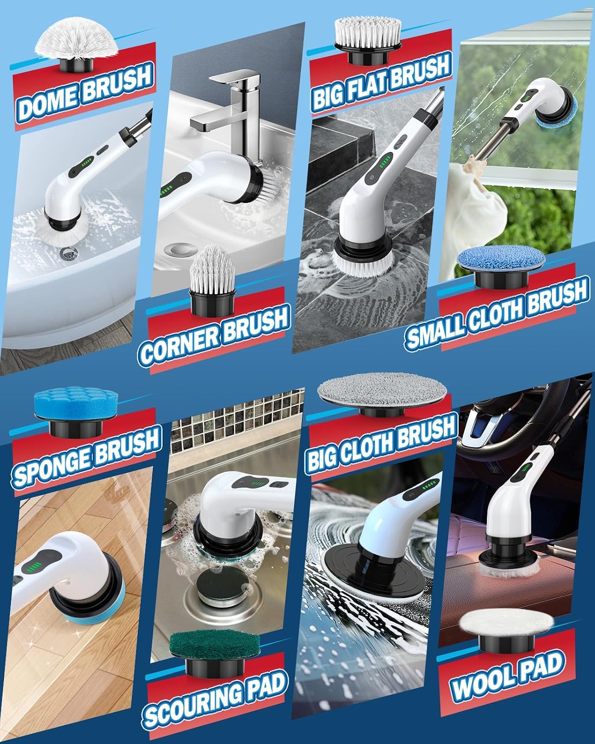 Electric Spin Scrubber, IPX7 Waterproof Cordless Cleaning Brush with 8 Replaceable Heads, Dual Speed & USB-C Charging