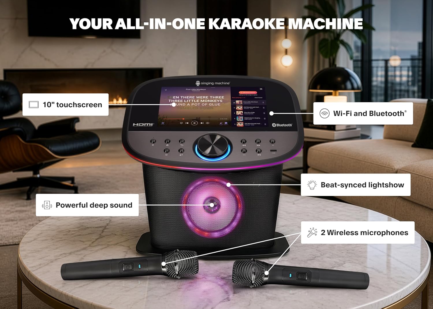 Singing Machine Karaoke Machine Screen, WiFi, Music Apps, 2 Microphones | All-in-One Karaoke Adults/Kids, Built-in Screen, 2 Wireless Mics, WiFi Enabled, App Compatible YouTube/Spotify, Home & Partie