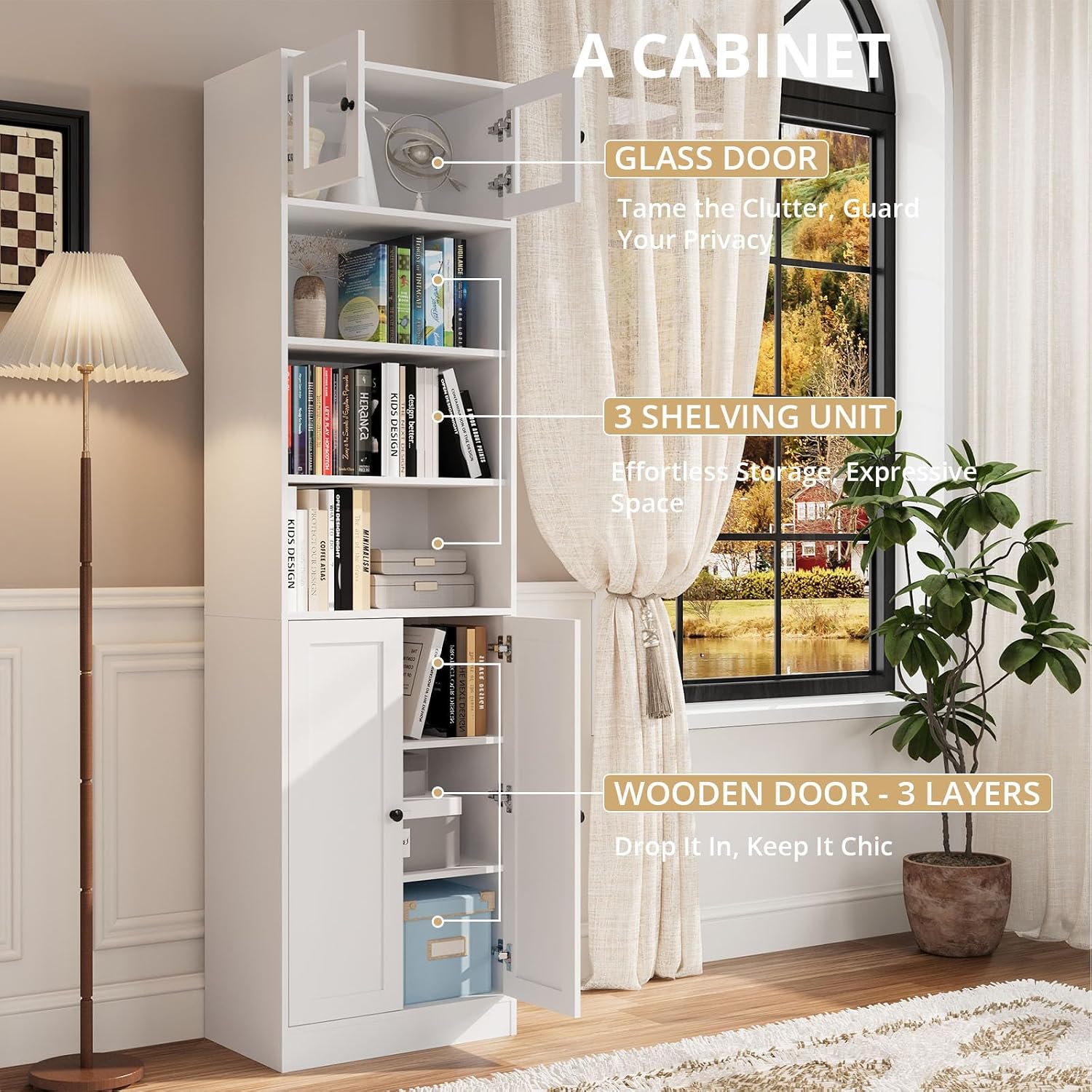 TUSY 85.5 Inch Tall Bookshelf with Doors - 7 Tier Bookcase with Glass Doors and Drawer, 23.6" Wide Storage Cabinet with Open Shelves for Living Room, White Book Shelf for Home Office, Study (AAAA)