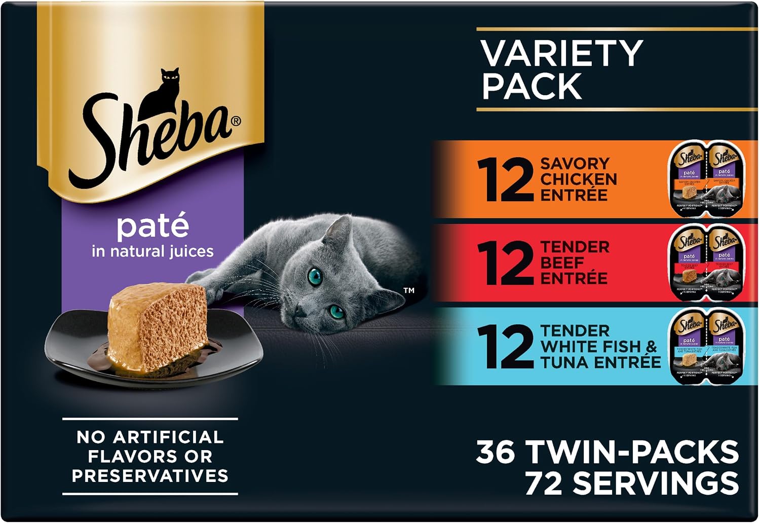 Sheba Perfect Portions Pate Wet Cat Food, Seafood Pack, 2.6 oz, 12 ct, 2pk | Grain-free, made in USA, Salmon & Whitefish-Tuna, 48 servings total, sustainable seafood, twin-pack trays