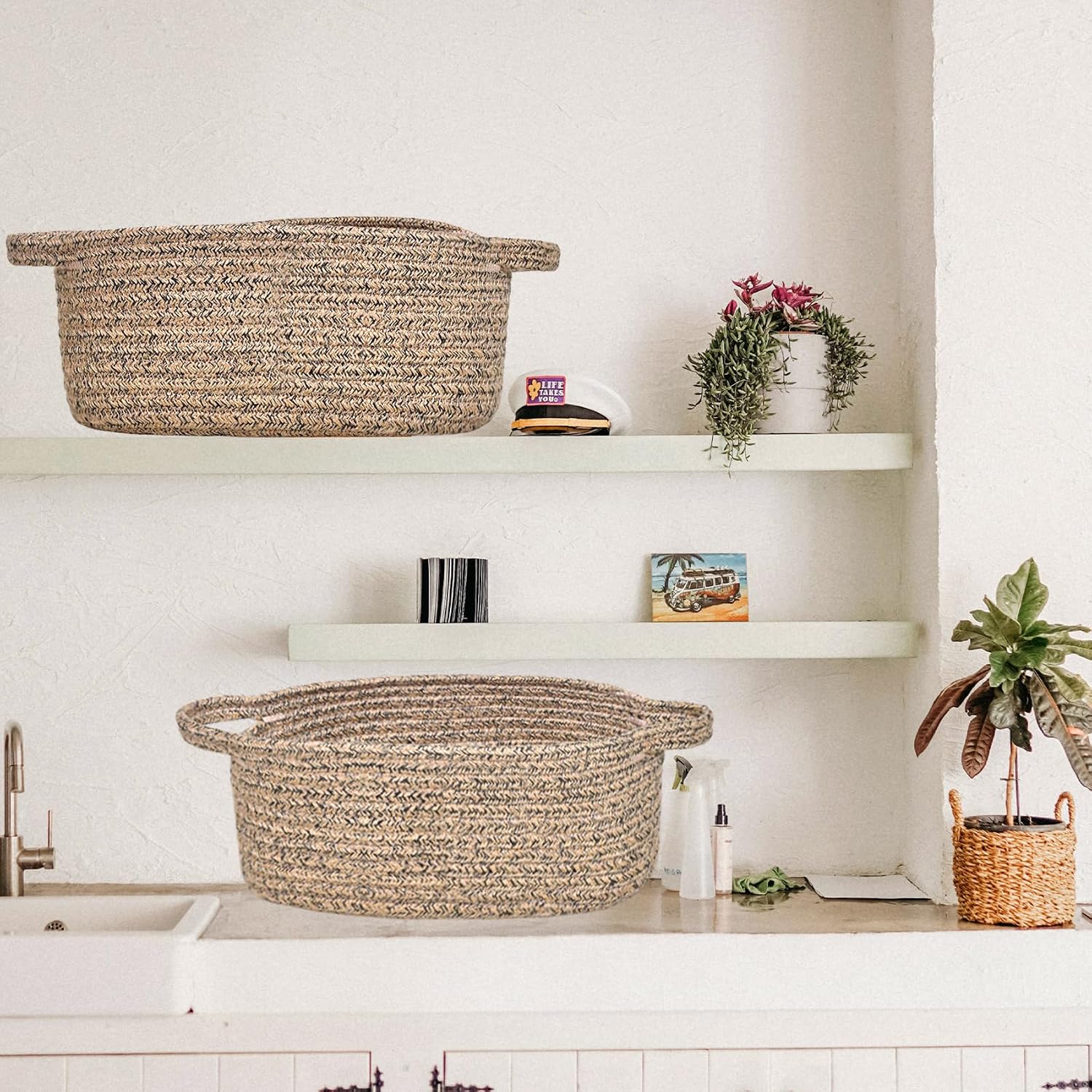 ABenkle Small Basket with Handles, Boho Decorative Rope Woven Dog Cat Toy Storage Bin Shelf Storage Organizer, Easter Christmas Gift Basket, 12"x8"x5"