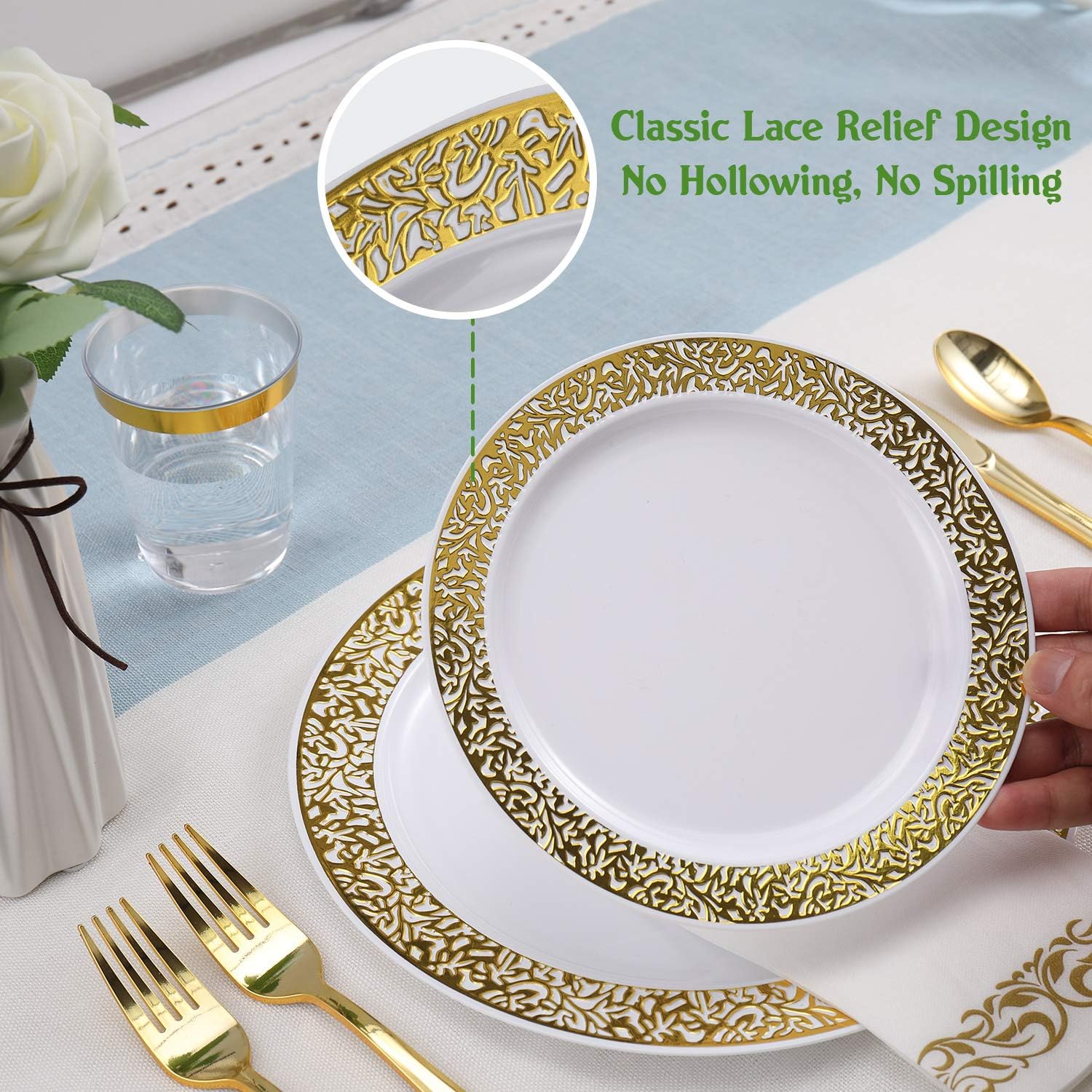 FOCUSLINE 175 Pieces Rose Gold Disposable Dinnerware Set for 25 Guests