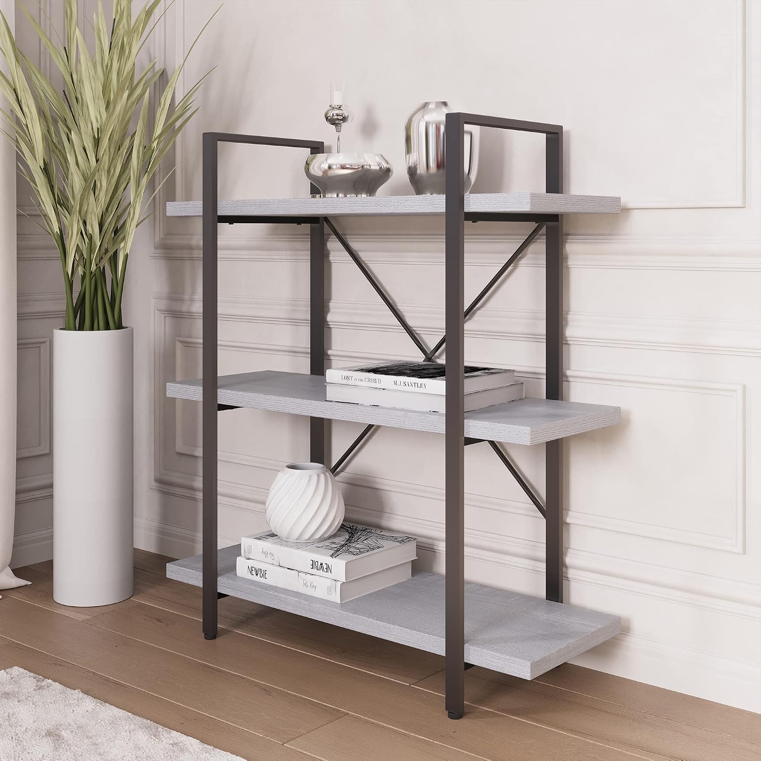 BELLEZE 4 Tier Modern Rustic Industrial Bookshelf, Open Wide Office Etagere Book Shelf