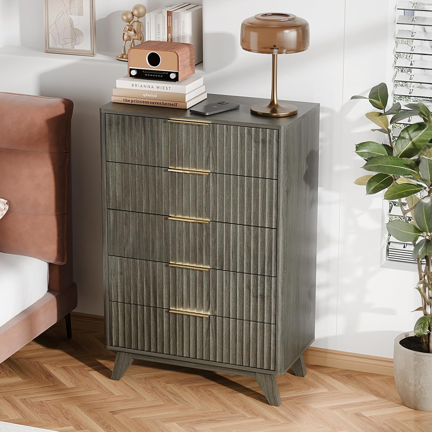 VINGLI Fluted Tall Dresser 5 Drawer, 23.66" W Chest of Drawers Gray Wood Dresser with Rounded Edges, Grey Dressers for Bedroom