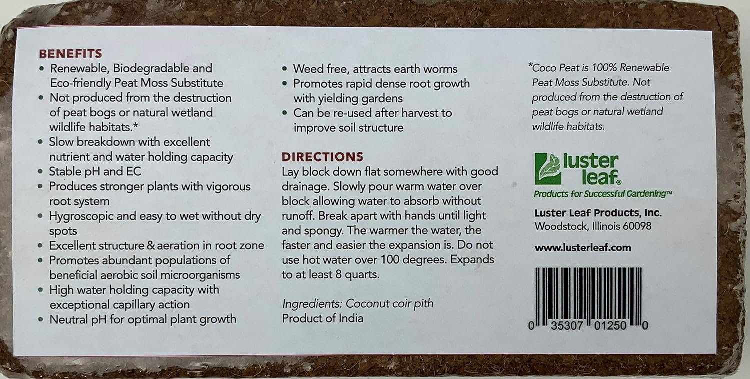 Luster Leaf 1250 1.4 lb. Coco Coir Growing Medium and Seed Starting Mix, 1.4lb, Brown
