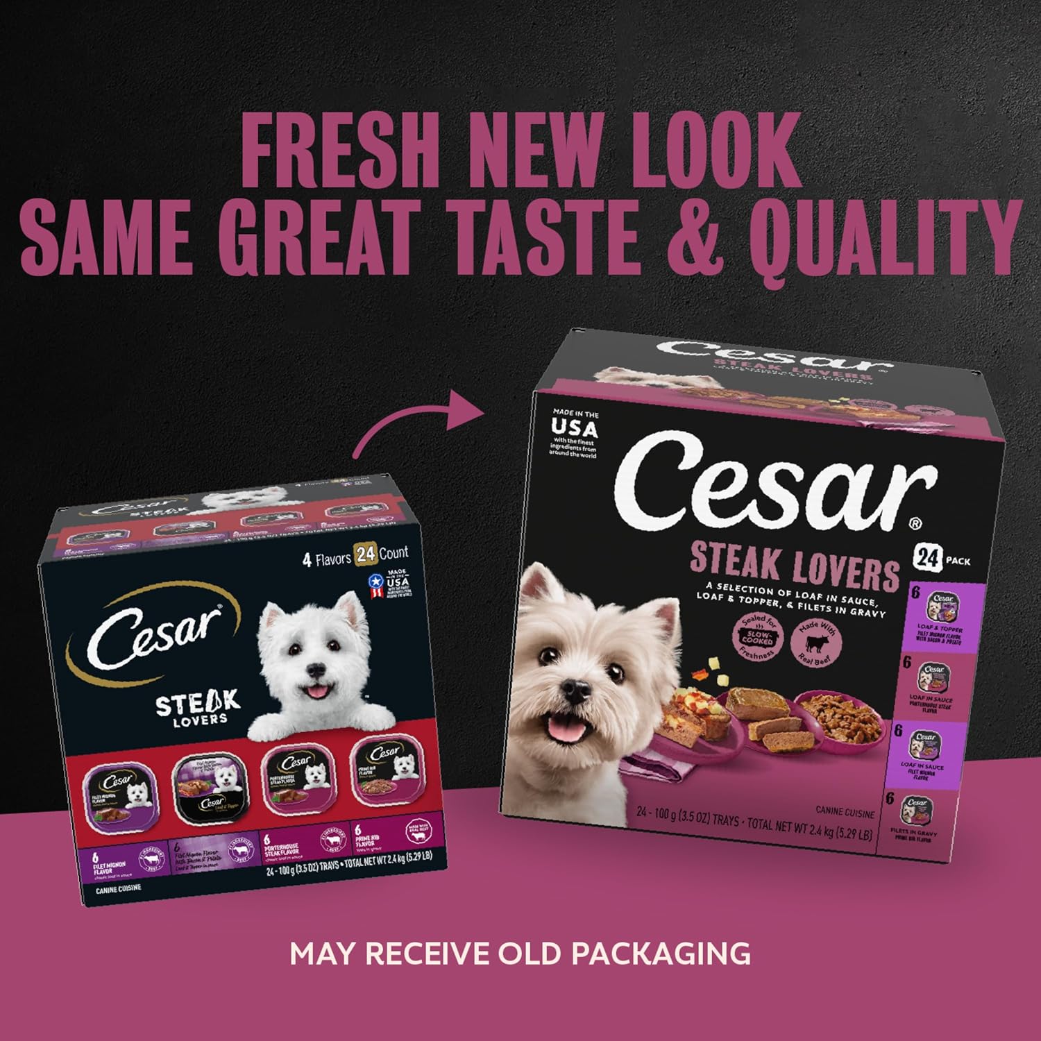 Cesar Wet Dog Food, Steak Lovers Variety Pack, 3.5 oz, 36 Count | Real meat #1 ingredient, easy peel trays, 100% complete & balanced, no fillers, no added sugar, no artificial flavors