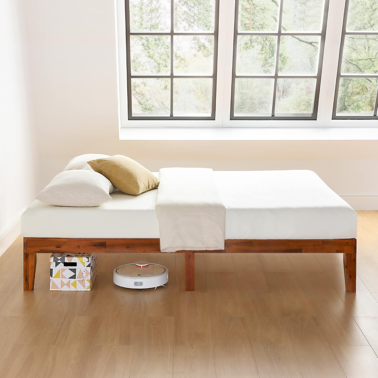 Mellow Naturalista Classic - 12 Inch Solid Wood Platform Bed with Wooden Slats, No Box Spring Needed, Easy Assembly, Queen, Pine