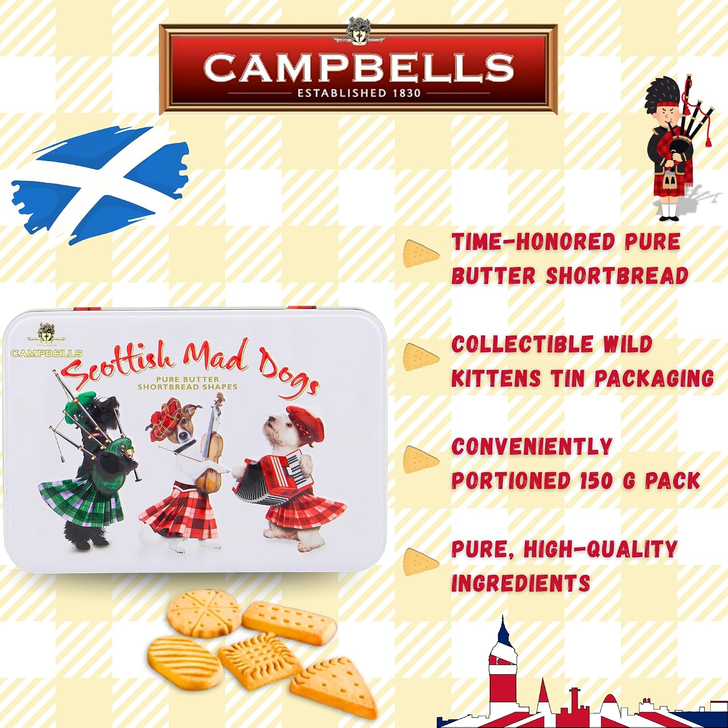 Campbells Shortbread Scottish Mad Dogs Assorted Cookies Tin 5.3 Oz (150g) - Pure Butter Scottish Shortbread Cookies from Scotland