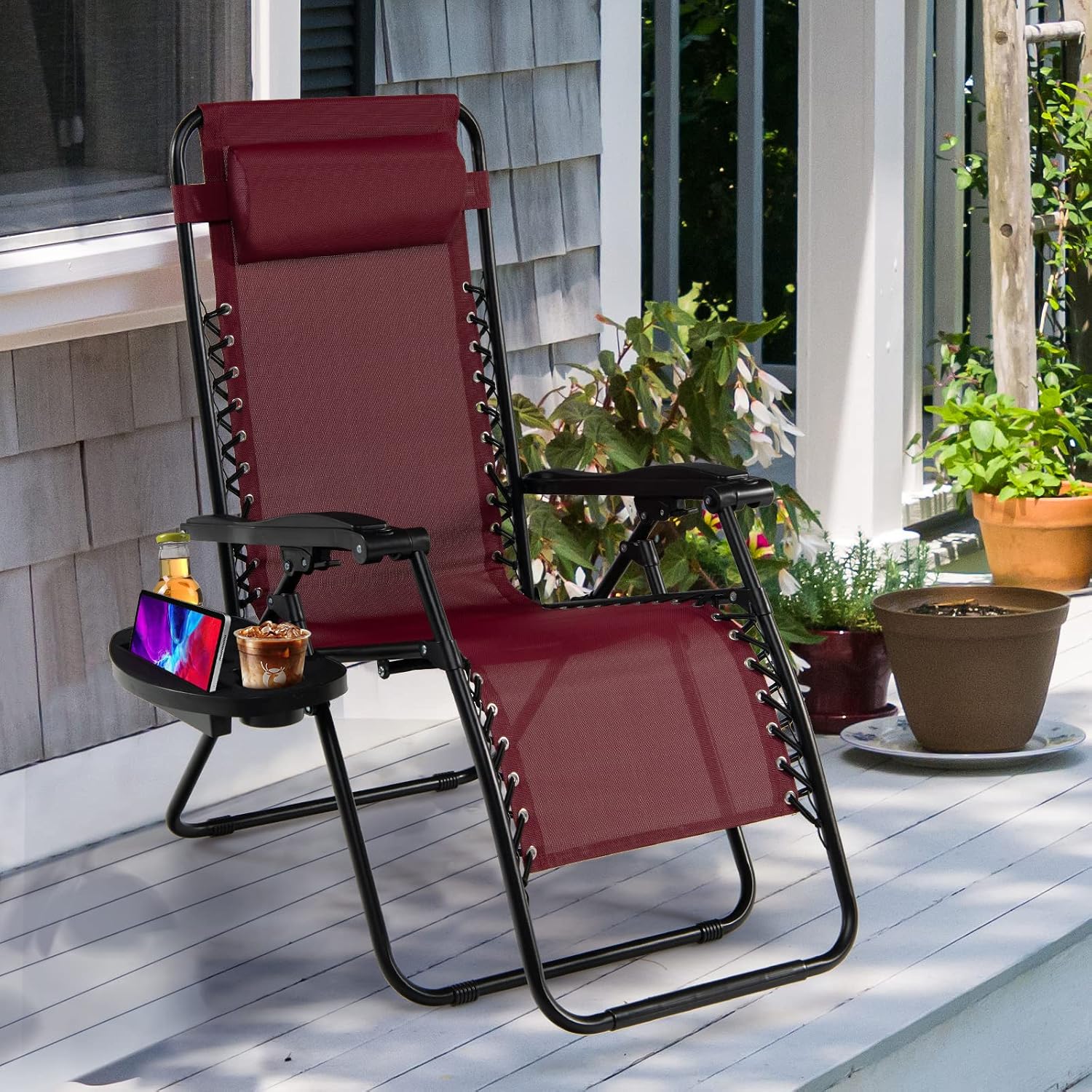 Goplus Zero Gravity Lounge Chairs, 160°Adjustable Folding Recliner w/Pillow and Cup Holder, 350LBS Comfy Outdoor Lounge Chairs for Patio, Lawn, Yard & Camp(1, Gray)