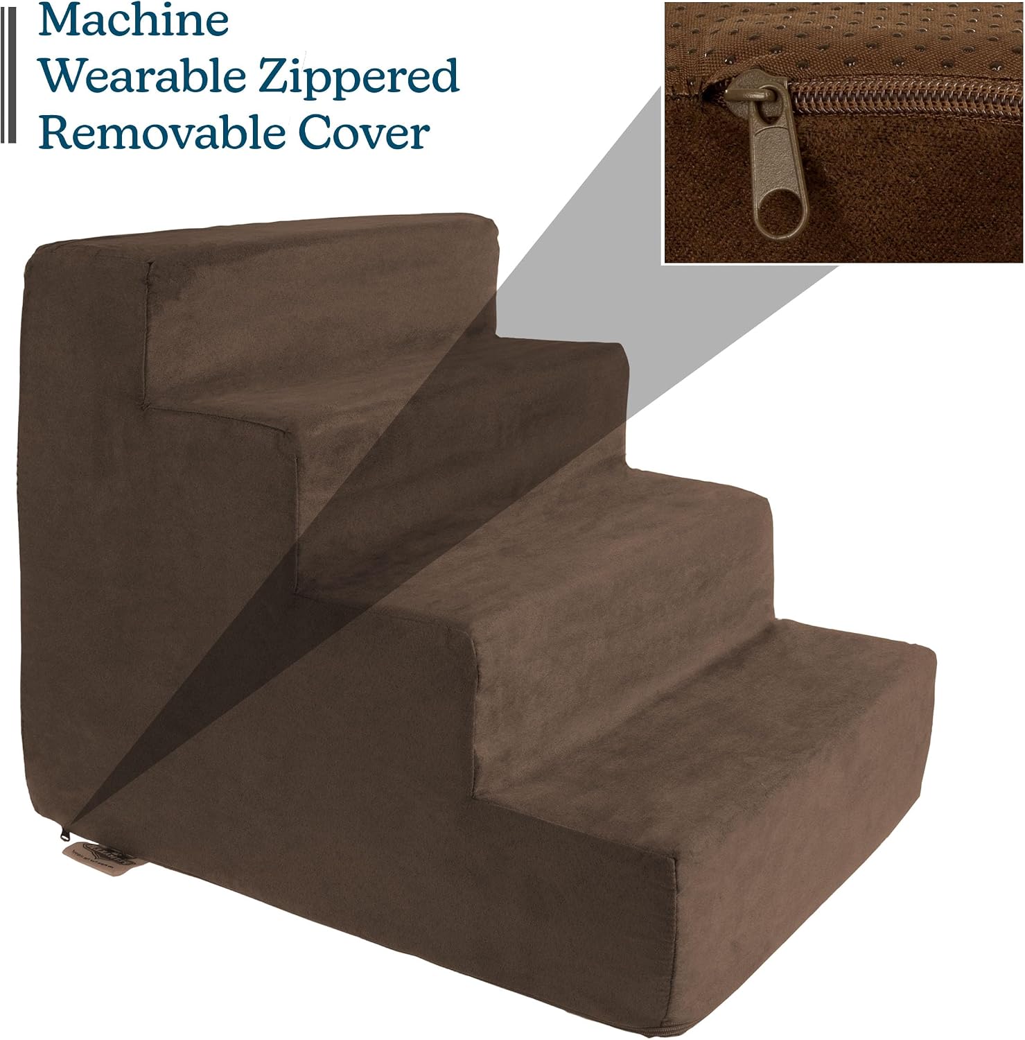 3-Step Pet Stairs - Nonslip Foam Dog and Cat Steps with Removable Zippered Microfiber Cover - 2-Tone Design for Home or Vehicle Use by PETMAKER (Tan) | 3-Step Pet Steps for High Bed and Couch - Pet Stairs with Nonslip Bottom, High-Density Foam, and Remov…
