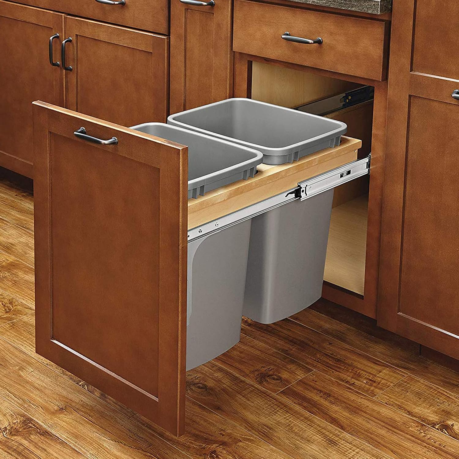 Rev-A-Shelf Double Pullout Trash Can, Min Cabinet Opening 18" W, 50 Qt | w/ Soft-Close, Under Cabinet Waste/Recycling Bin w/ Lid, Silver, 4WCSC-2150DM-2