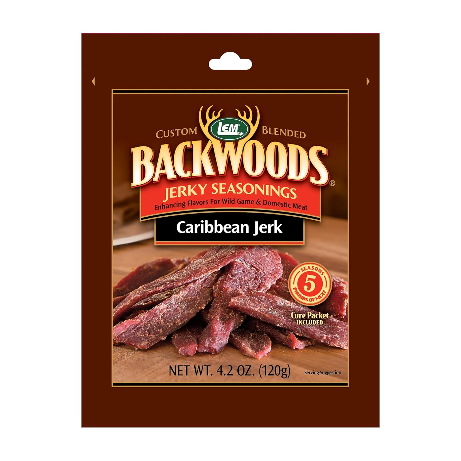 LEM Products Backwoods Caribbean Jerk Jerky Seasoning, 4.2 oz Packet | Pre-Measured Seasoning and Cure for Wild Game and Domestic Meat, Seasons Up to 5 Pounds of Meat for Homemade Jerky