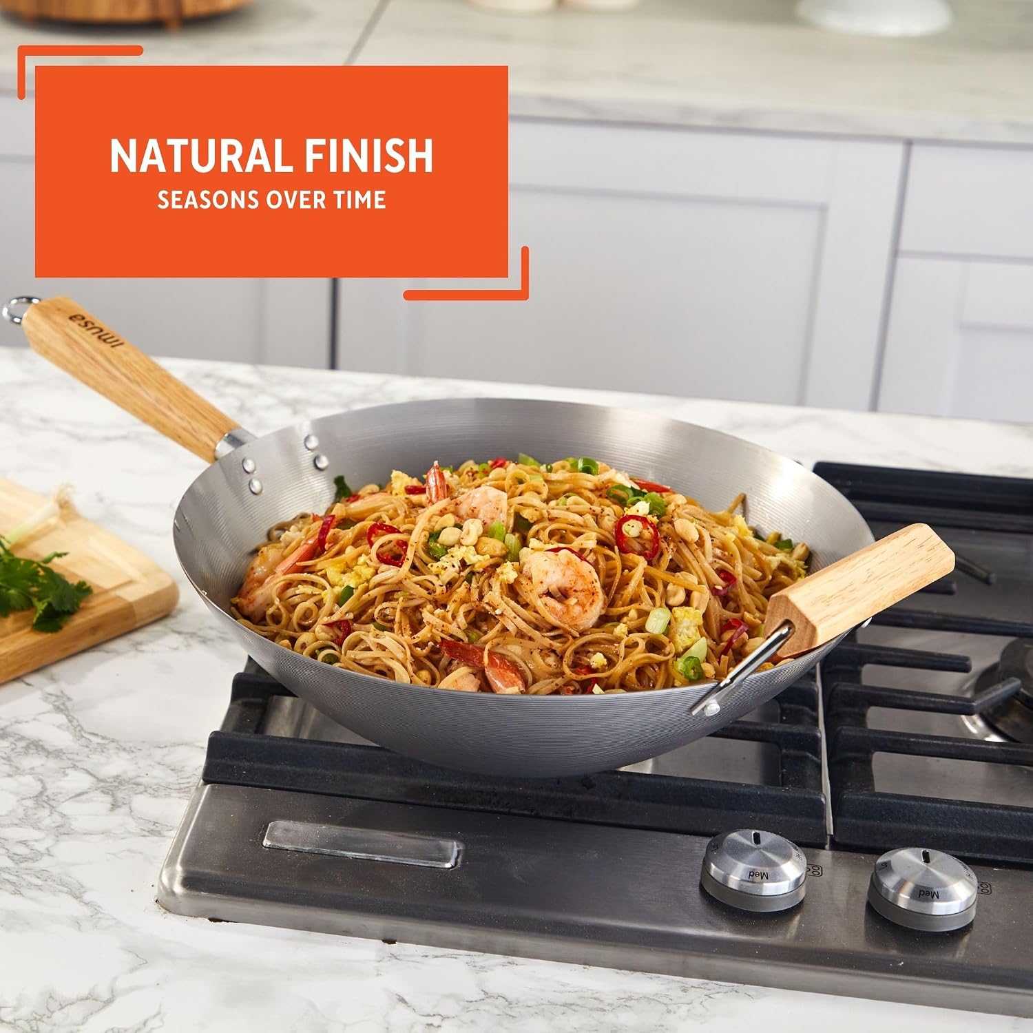 IMUSA 9.5 Inch Carbon Steel Nonstick Wok with Cool-touch Handle, Black | Cool-Touch Handle, Ideal for Stir Fry, Great for Everyday Meals