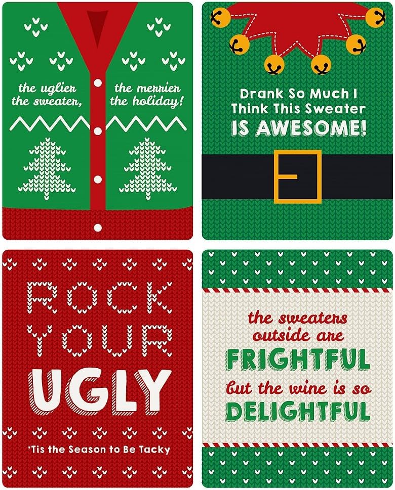 Big Dot of Happiness Ugly Sweater - Holiday and Christmas Wine Bottle Label Stickers - Set of 4