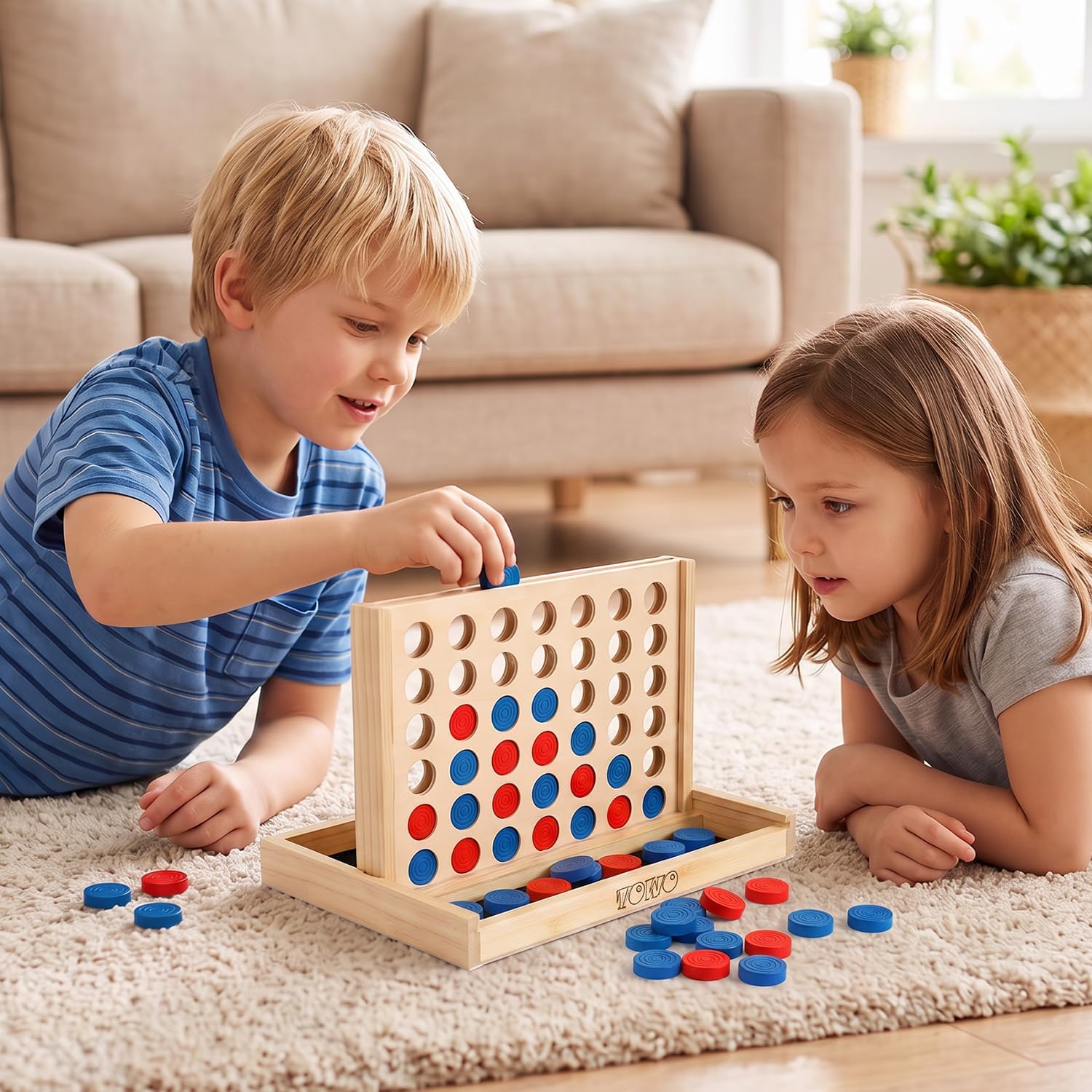 TOWO Wooden 4 in a Row Game, Classic Strategy Board Game for Kids