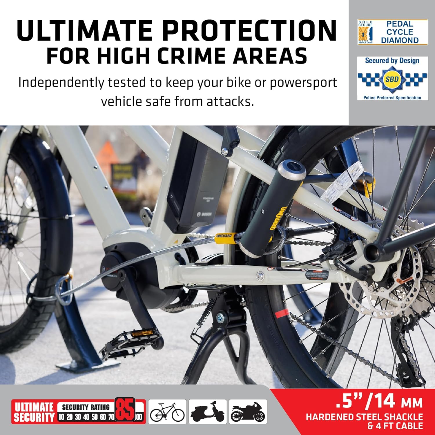 OnGuard Pitbull STD DT U-Lock with 4 ft Cable – 14 mm Hardened Steel Shackle (115 × 230 mm) – Quad Lock System for Bike Security –