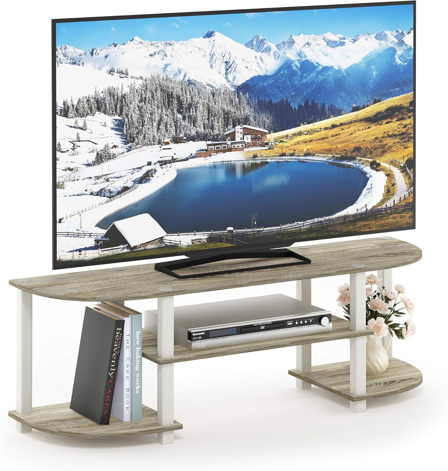 Furinno TURN-S-TUBE 3-Tier TV Stand for TVs up to 55 Inch, French Oak | Toolless Entertainment Center with Open Storage Shelves, Media Console Table with Soundbar Shelf for Living Room, Bedroom