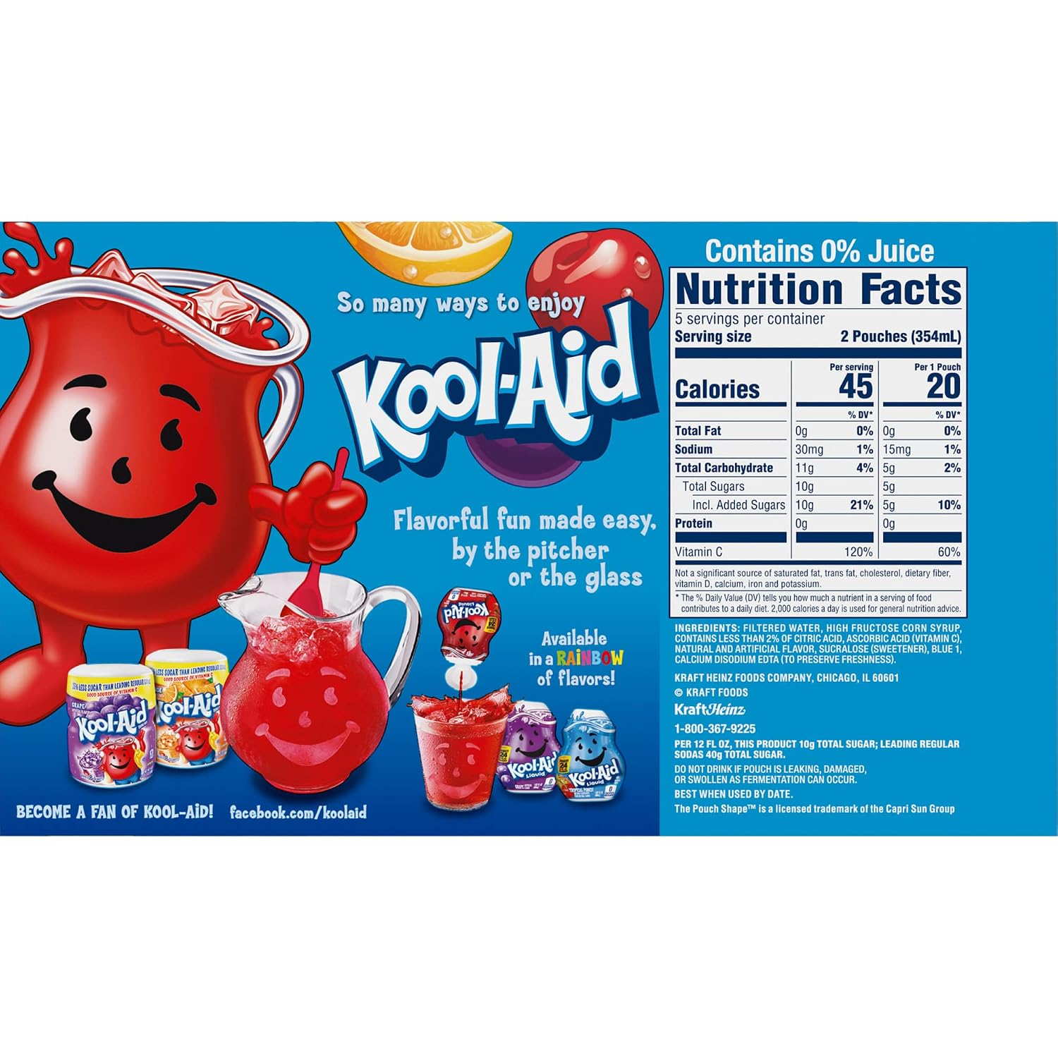 Kool-Aid Drink, 10 ct Box Tropical Punch Flavored, 6 fl oz Pouches | for Flavorful Hydration and Shareable Refreshment Good Source of Vitamin C, Caffeine Free Gluten Free