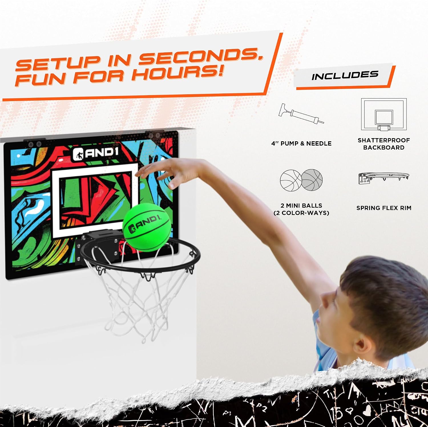 AND1 Over the Door Mini Basketball Hoop: 18x12 Shatterproof Backboard, 2 Mini Basketballs