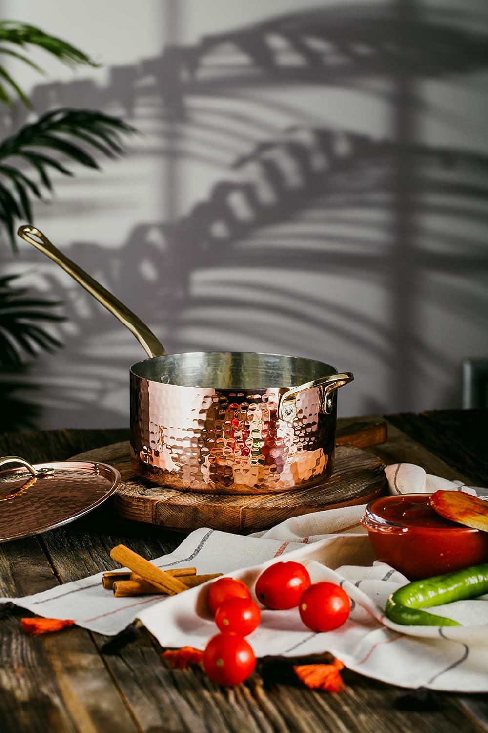 DEMMEX 1.2mm Thick Hammered Uncoated Copper Saucepan with Lid & Helper Handle, Food-Safe Tin Lined (1.7-Quart)