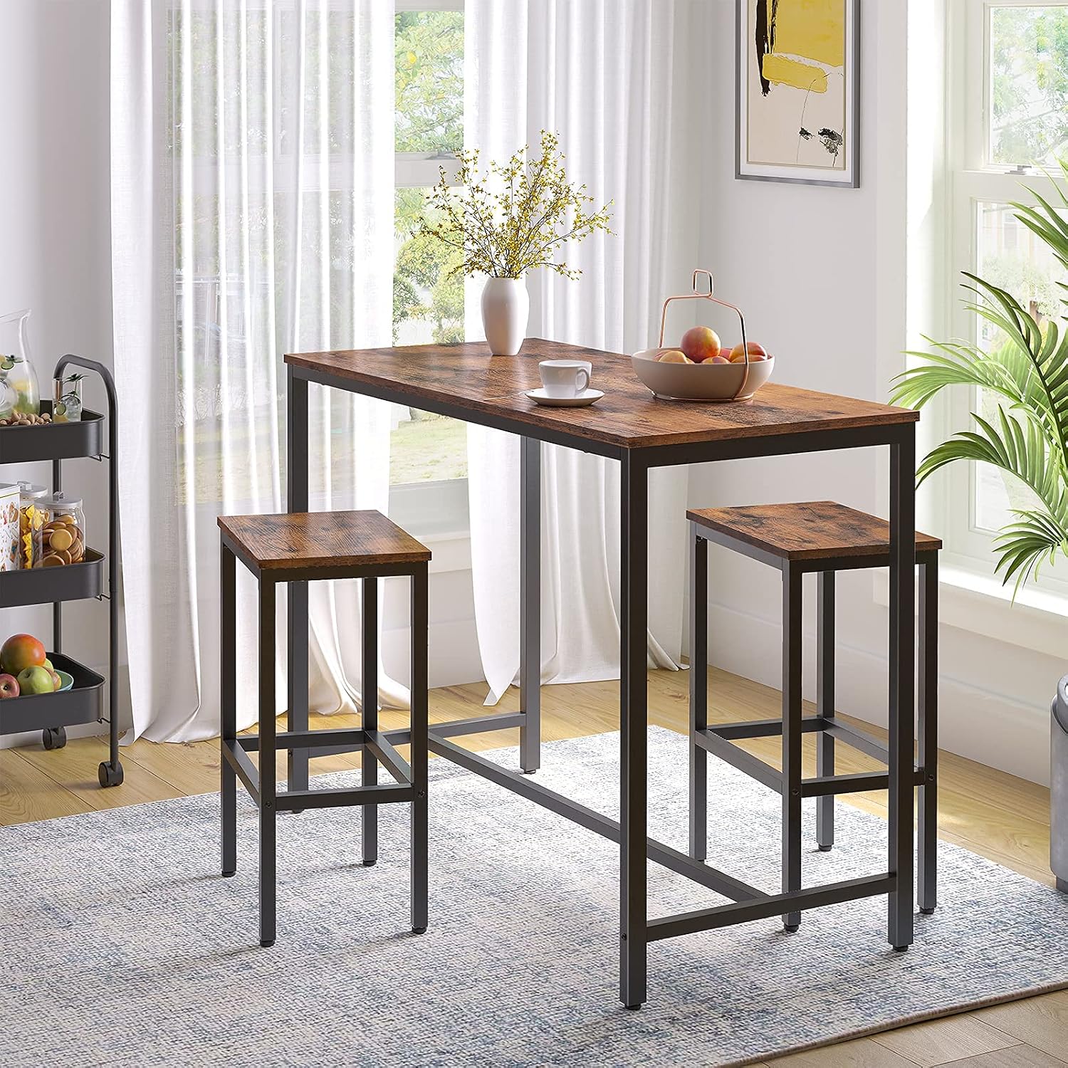 HOOBRO Bar Table and Chairs Set, 47.2” Rectangular Pub Table with 2 Stools for Small Space, 3-Piece Breakfast stools Set, Sturdy Metal Frame