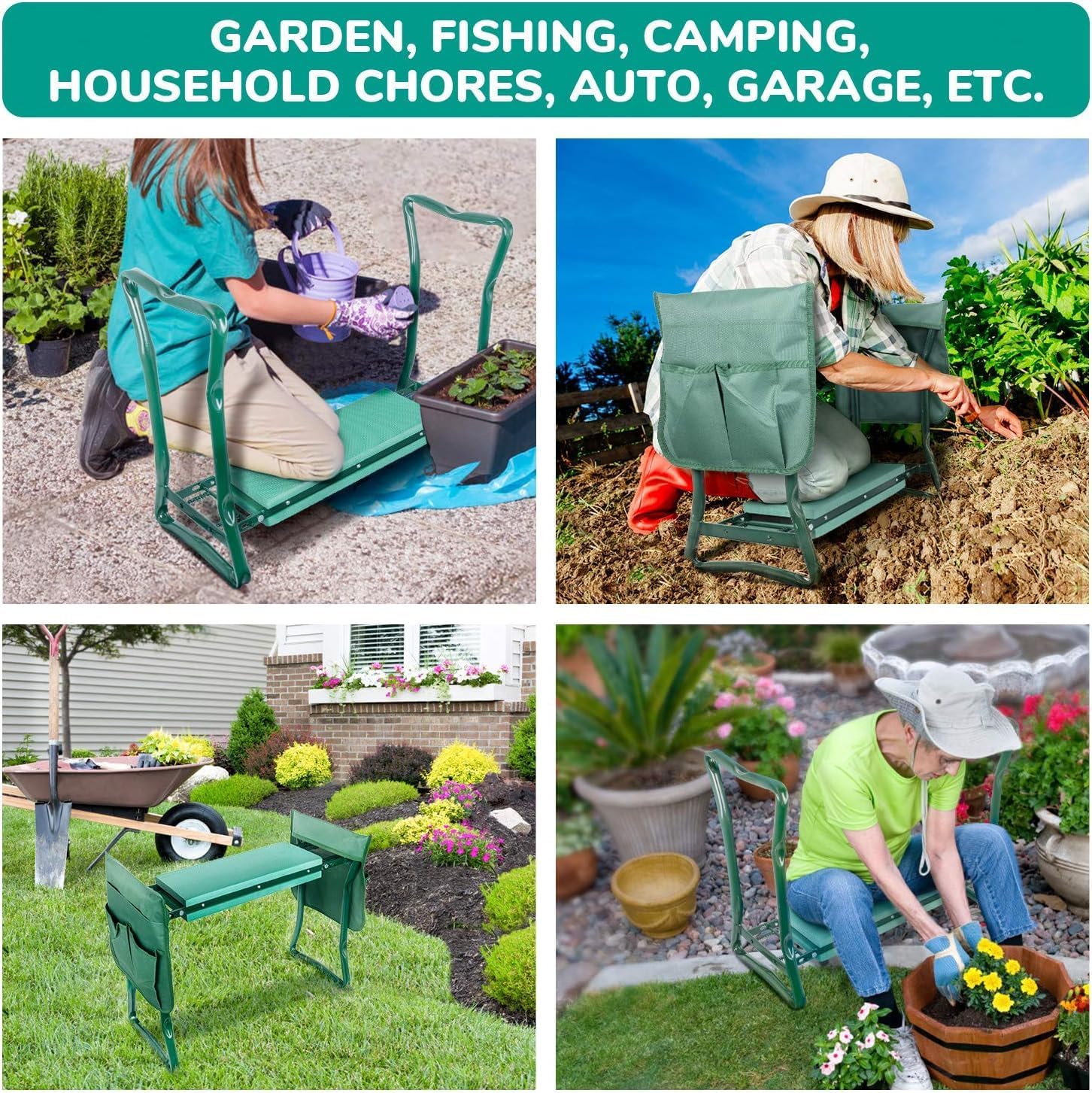 iPower Garden Kneeler and Seat Foldable Kneeling Bench with Sturdy Soft EVA Foam Pad for Outdoor, Fishing, Camping, 2 Tool Pouches Included, Green