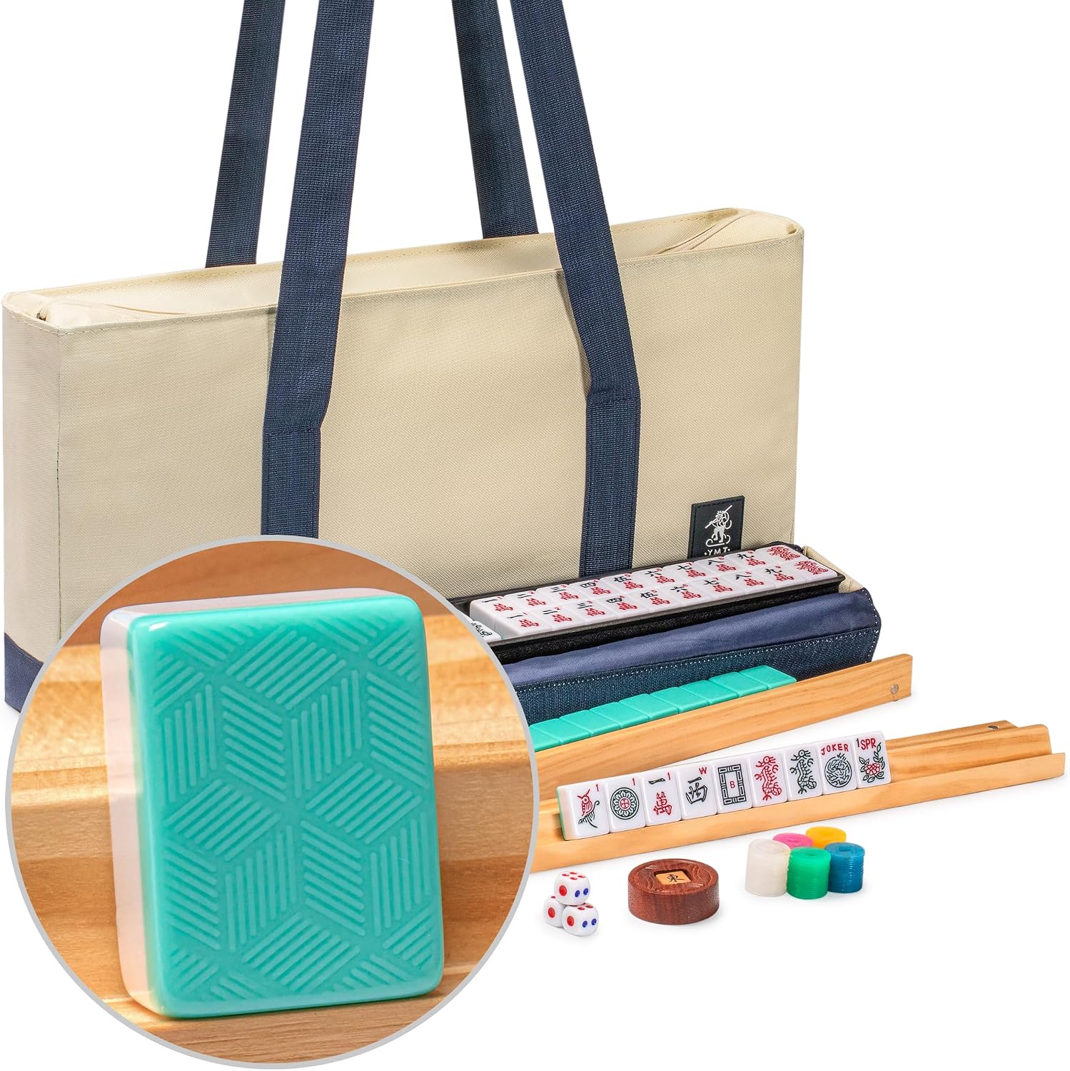 Yellow Mountain Imports American Mahjong Set, Mojave (Ivory) with Brown Soft Case, All-in-One Racks with Pushers, Wright Patterson Scoring Coins, Dice, & Wind Indicator