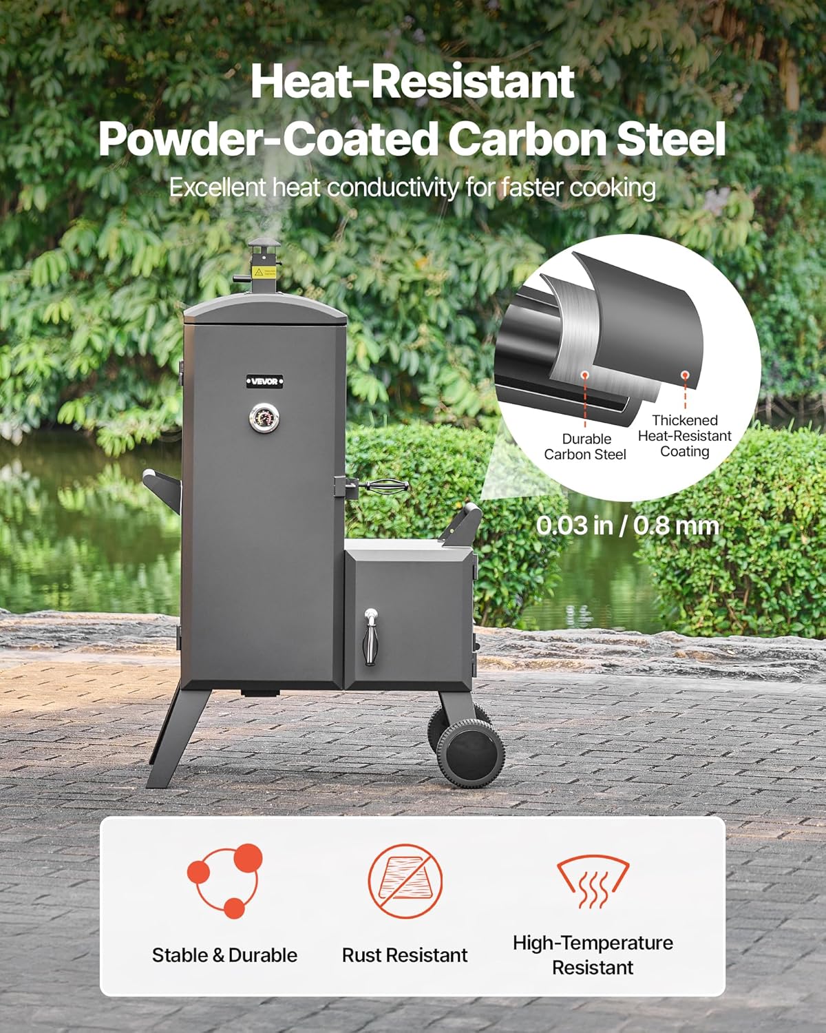VEVOR Charcoal Offset Smoker, Heavy-Duty Steel BBQ Offset Smoker with Side Firebox, Movable Outdoor Barbecue Smokers with 6 Adjustable Grates