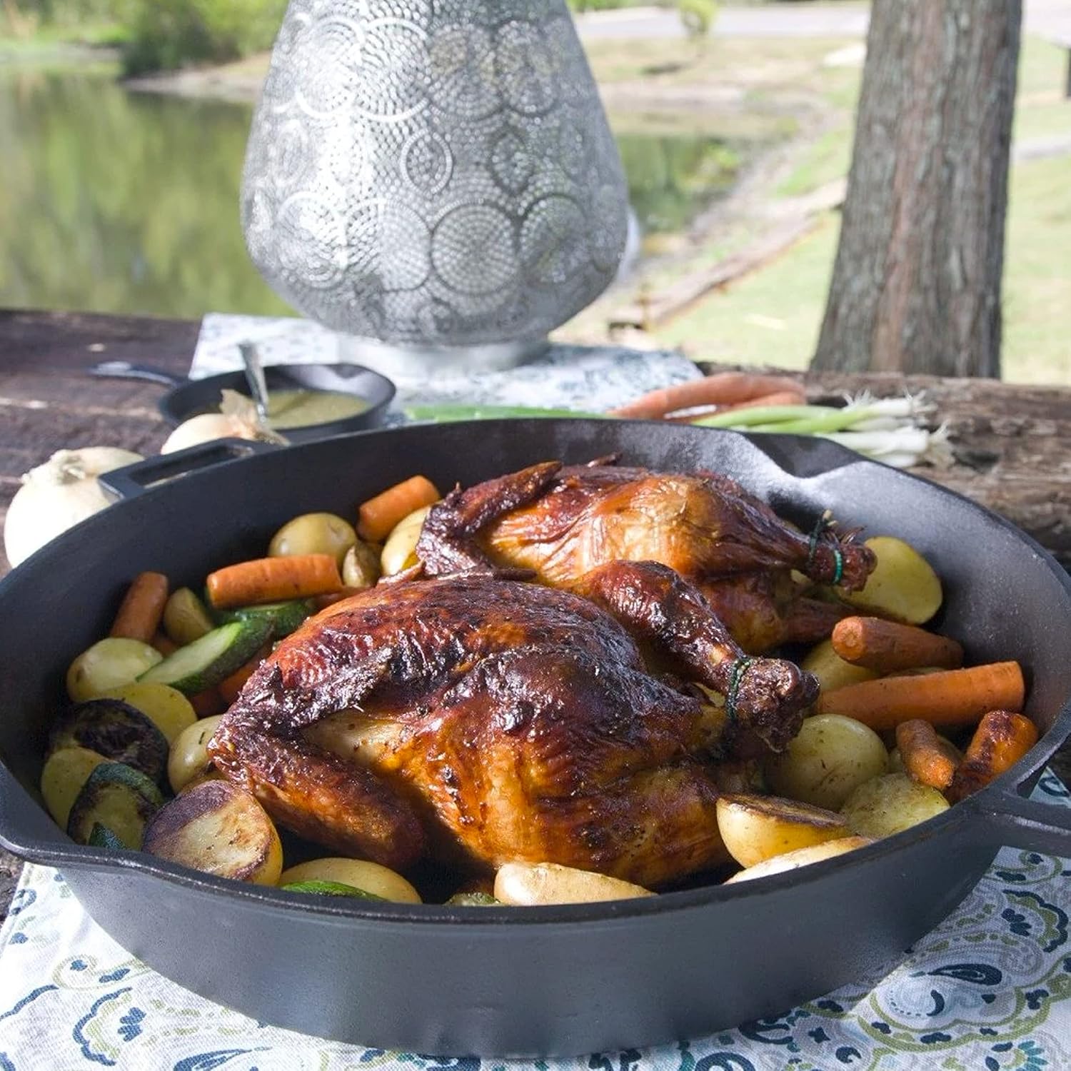 Bayou Classic 7439 16-in Cast Iron Double-Handled Skillet w/Pour Spouts Features Large Loop Handles Perfect For Breakfast Roast Pan Frying Sautéing