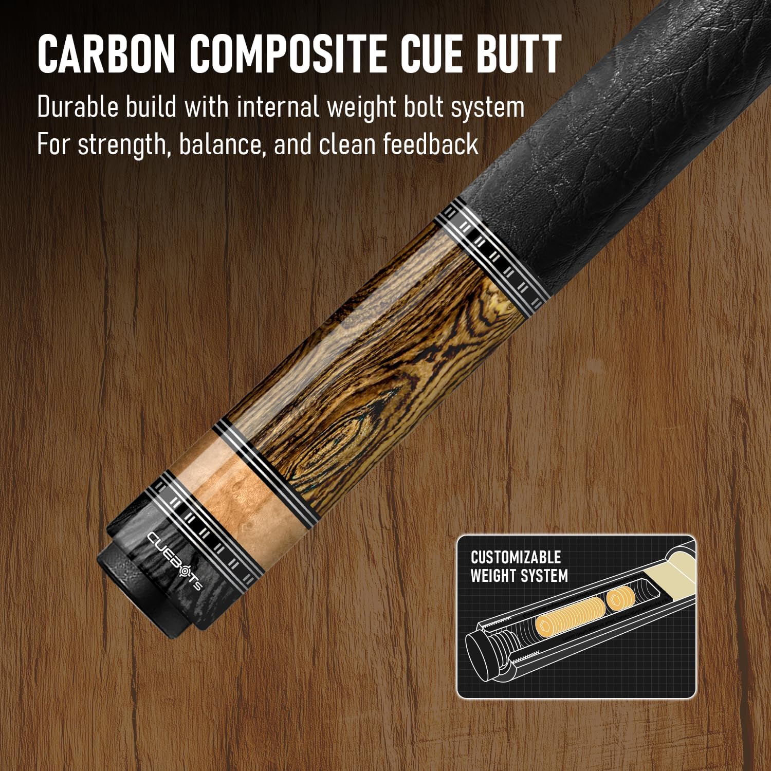CUEBOTS Glass Fiber Cue, Glass Fiber House Cue Stick, Club Cue, Cue for Beginners, Durable Uni-QR, 3/8-10, 5/16-18 Joint, Long Lasting Glassfiber Shaft, 7-Layer Microfiber Tip