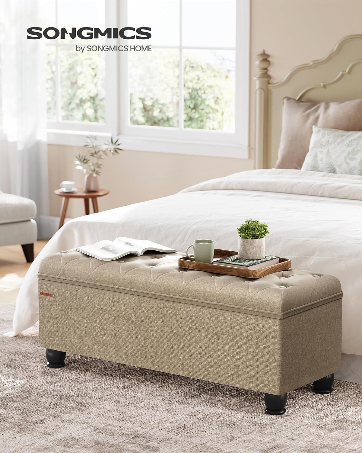 SONGMICS Storage Ottoman, 46.5 Inches Bedroom Bench, Solid Wood Legs