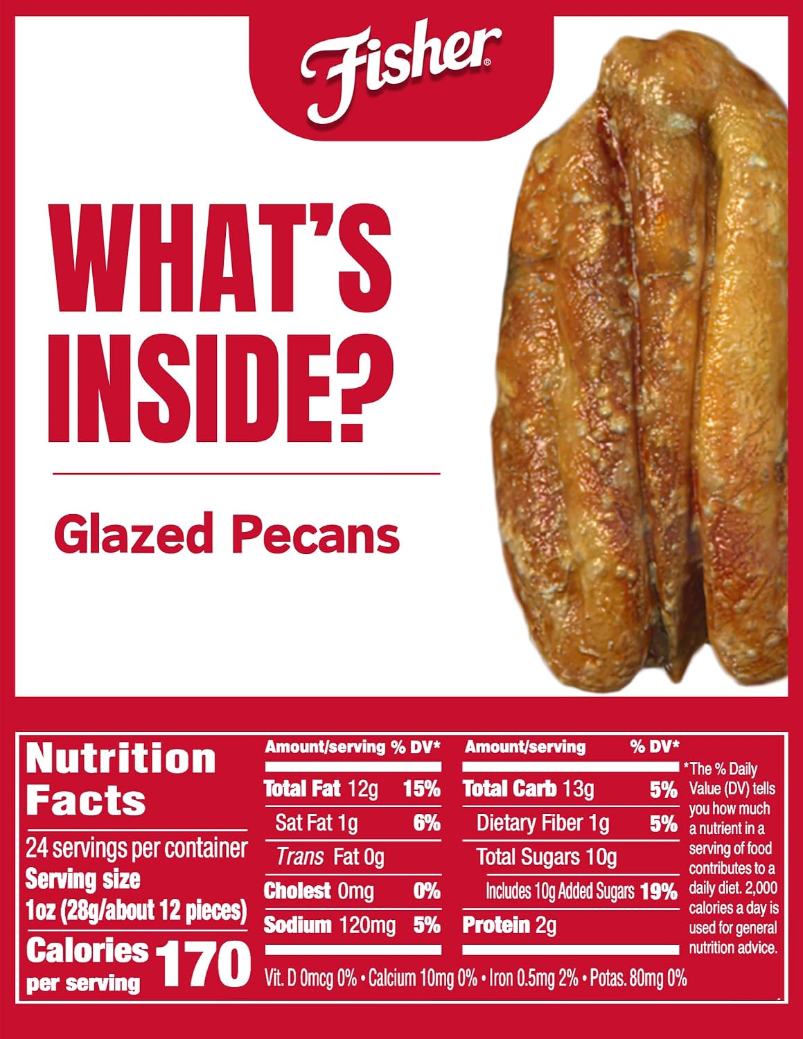 Fisher Snack Glazed Pecans Candied, 24 oz, Pack of 1 | Junior Mammoth Candied Pecans, Perfect For Gifting Or Personal Enjoyment, Crunchy, Irresistibly Sweet