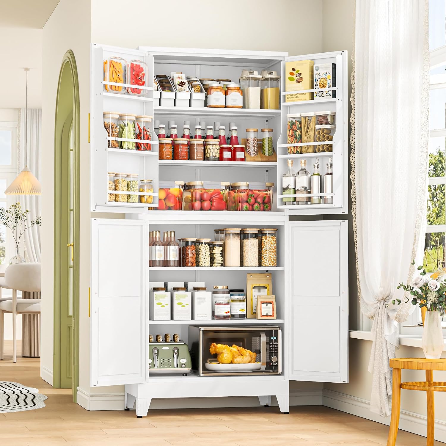 GAIOUS 75.2" Tall Metal Kitchen Pantry Storage Cabinets with 2 Door and 5 Adjustable Shelves, Cupboard for Kitchen, Dining Room, Living Room and Bathroom, White