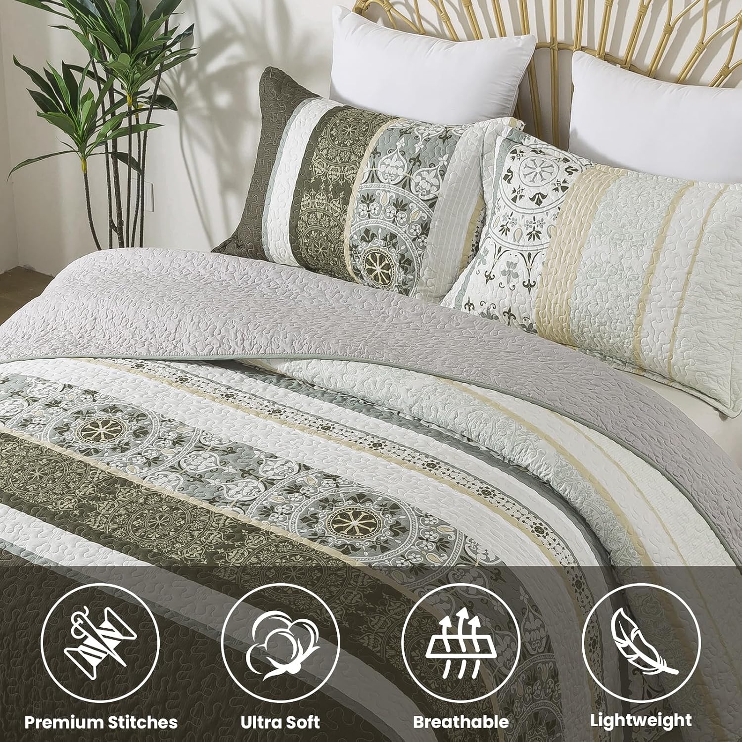 Striped Classical Cotton 3-Piece Patchwork Bedspread Quilt Sets, King Size